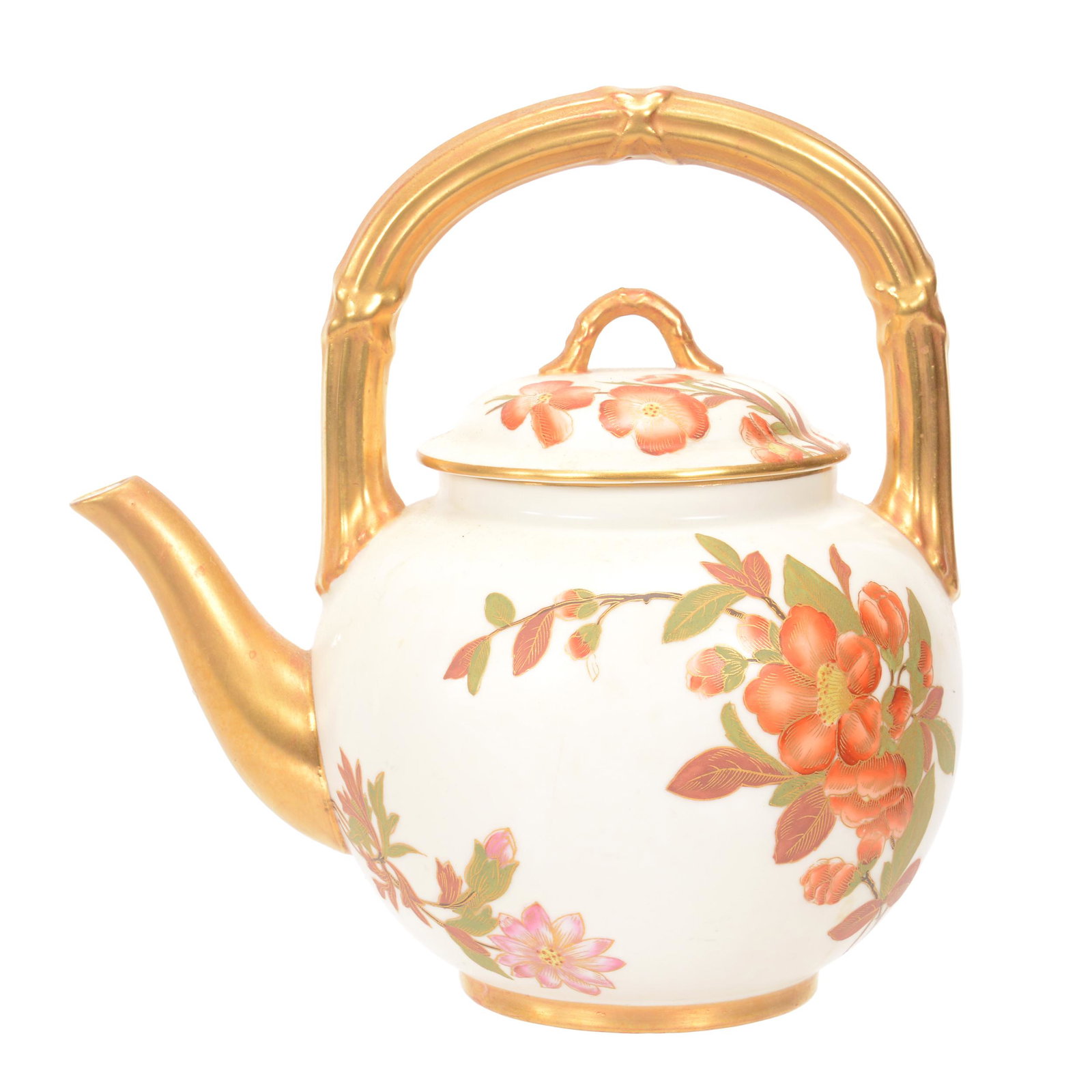 Tea Pot Marked Royal Worcester: Tea Pot Marked Royal Worcester, 8" X 8", Cream Tones With Colorful Floral Decor, Strong Gold Trim Highlights, Collection Of Sylvia And The Late Nolan Jackson