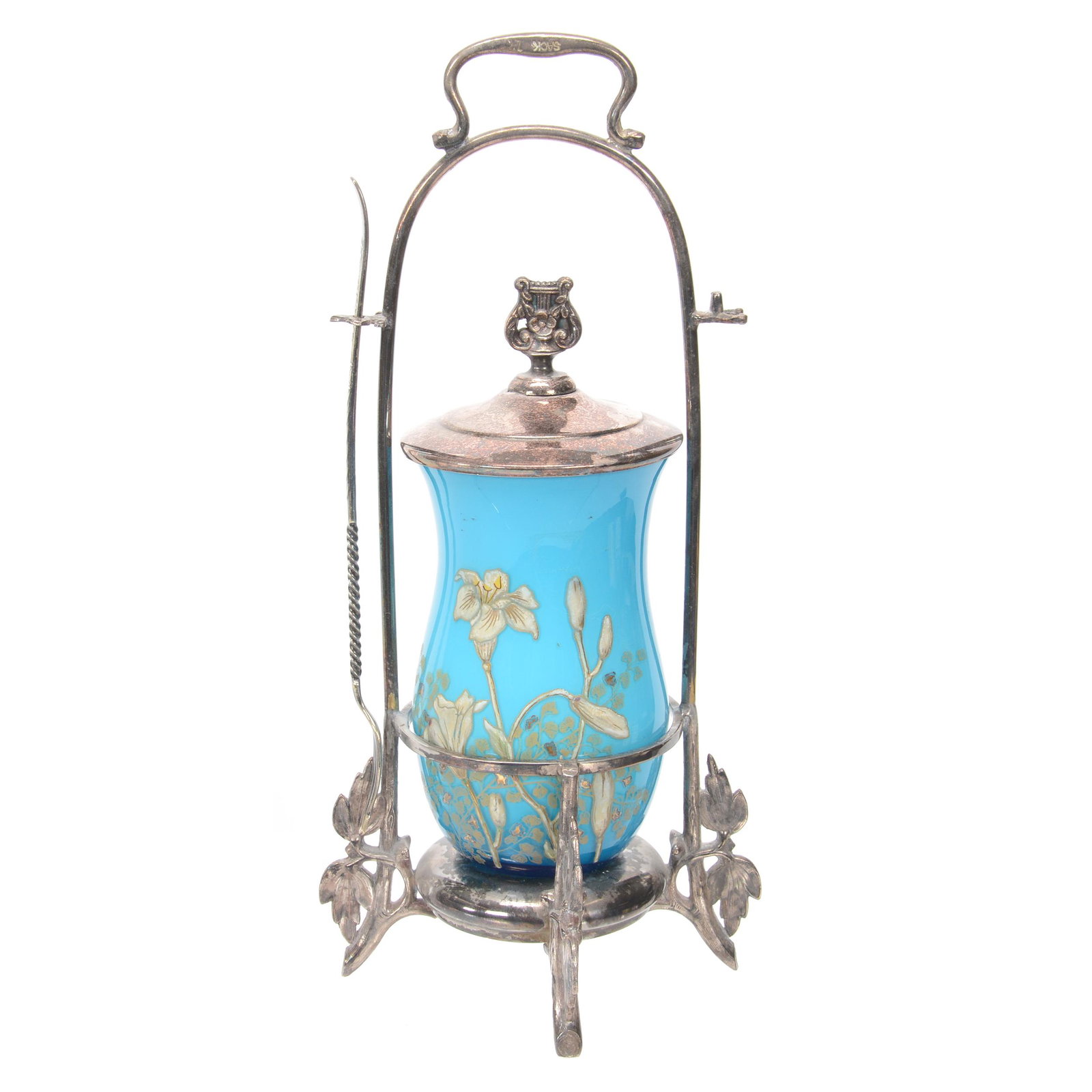 Victorian Pickle Castor, Blue Cased Art Glass Insert: Victorian Pickle Castor, Blue Cased Art Glass Insert, 12", Enamel Floral Decor, Set On Rogers #1395 Silverplate Frame, Attractive, Nebraska Collection Of Ron & Pam Blessing