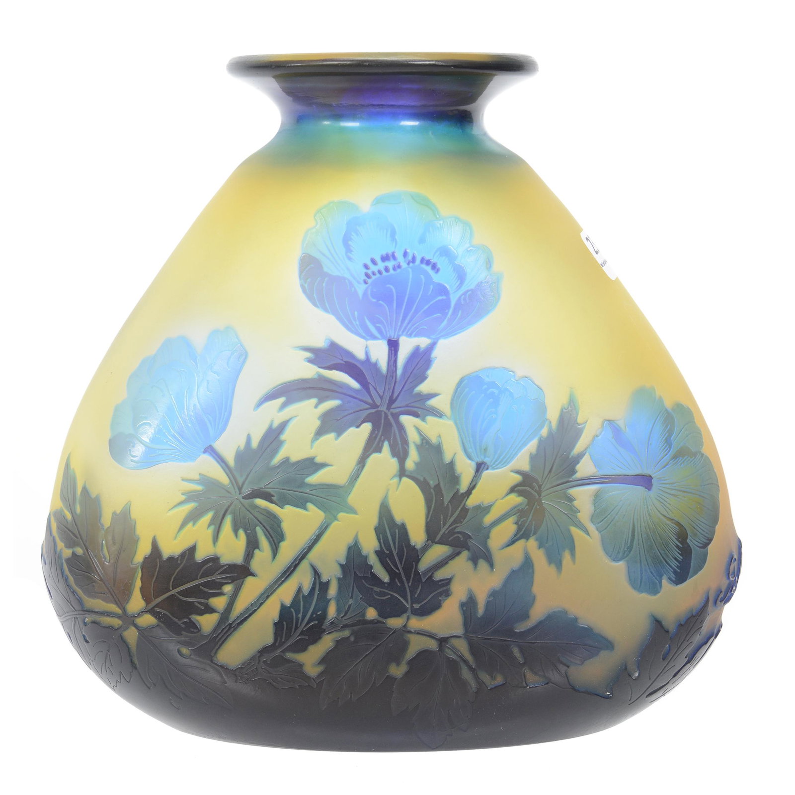 Vase, French Cameo Art Glass Signed Galle: Vase, French Cameo Art Glass Signed Galle, 8" X 8.5", Yellow Background With Cameo Carved Lavender Poppy Decor, Nebraska Collection Of Ron & Pam Blessing