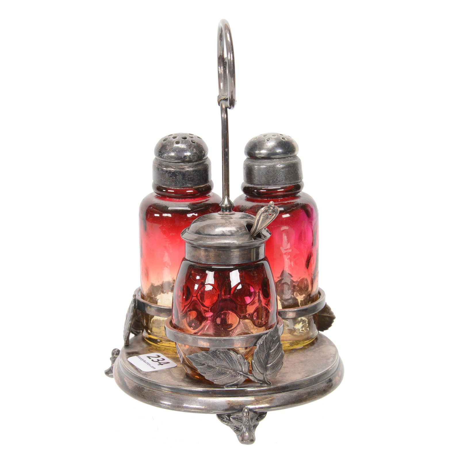Victorian Condiment Set, Amberina Art Glass Inserts: Victorian Condiment Set, Amberina Art Glass Inserts, 7", Coinspot Inserts Include Salt & Pepper Shakers And Mustard Jar, Set On Rogers #192 Silverplate Frame, Nebraska Collection Of Ron & Pam Blessing