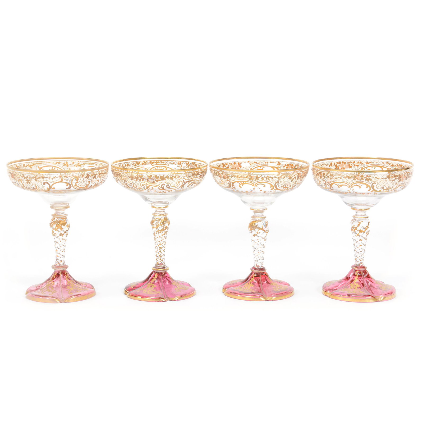 (4) Wine Stems, Bohemian Art Glass: (4) Wine Stems, Bohemian Art Glass, 5.5", Clear Bowl And Stem With Cranberry Foot, Nice Enamel Floral And Scroll Highlights, Nebraska Collection Of Ron & Pam Blessing