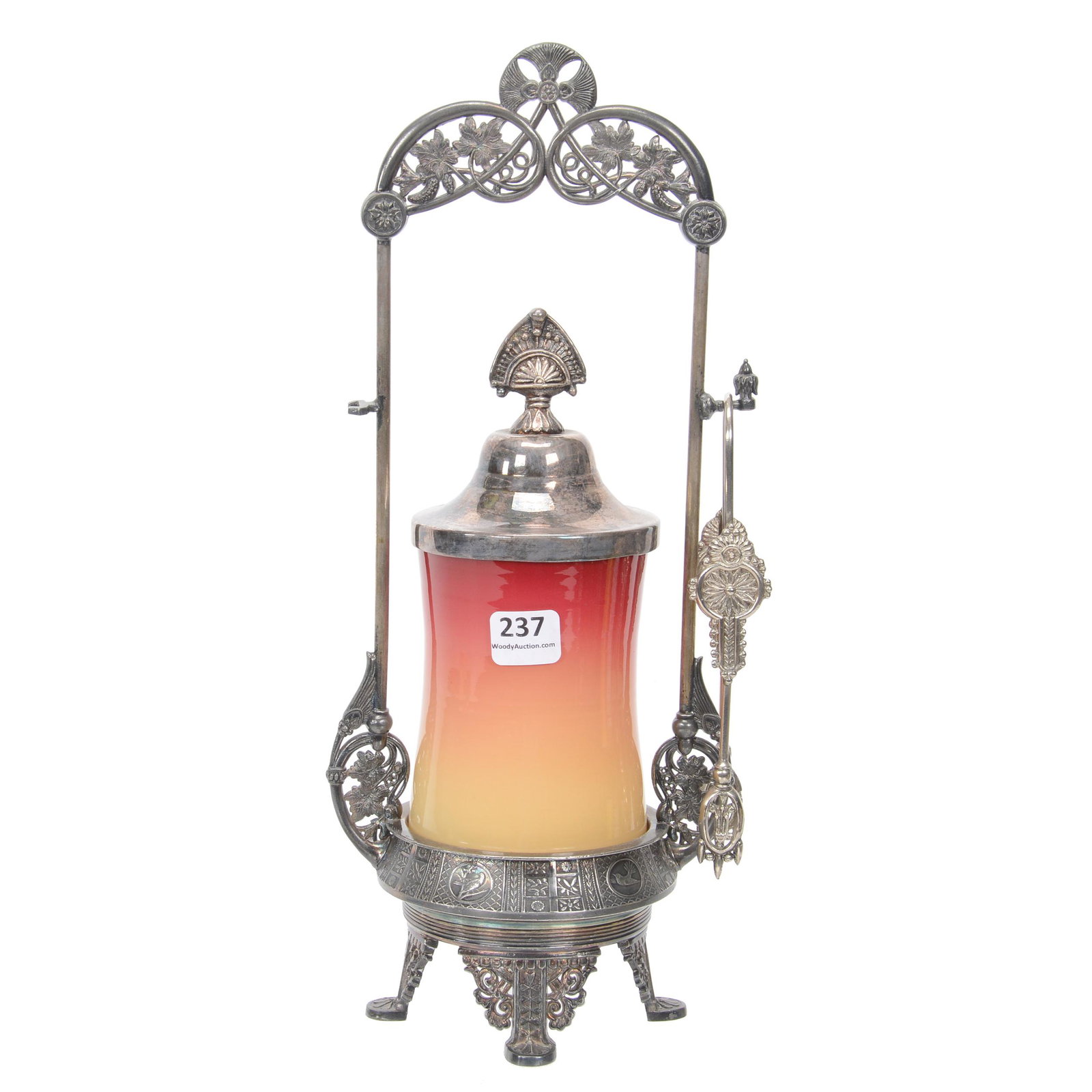 Victorian Pickle Castor Wheeling Peachblow Art Glass: Victorian Pickle Castor Wheeling Peachblow Art Glass, 12.5", Insert Set On Meriden #685 Silverplate Frame, Nebraska Collection Of Ron & Pam Blessing