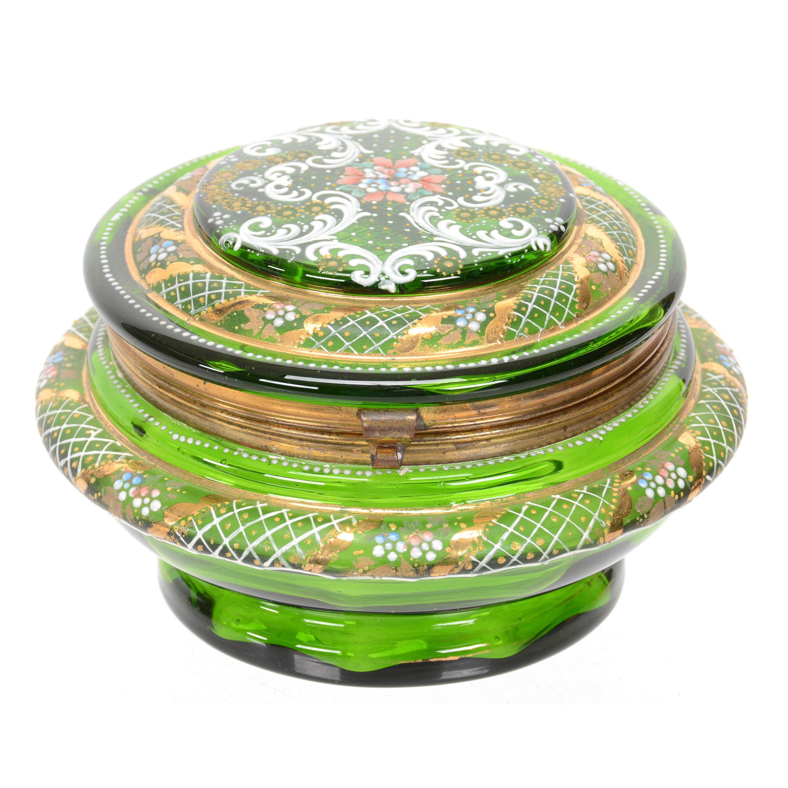 Dresser Box, Moser Solid Green Art Glass: Dresser Box, Moser Solid Green Art Glass, 3.75" X 6", Enamel Floral And Scroll Design, Nebraska Collection Of Ron & Pam Blessing