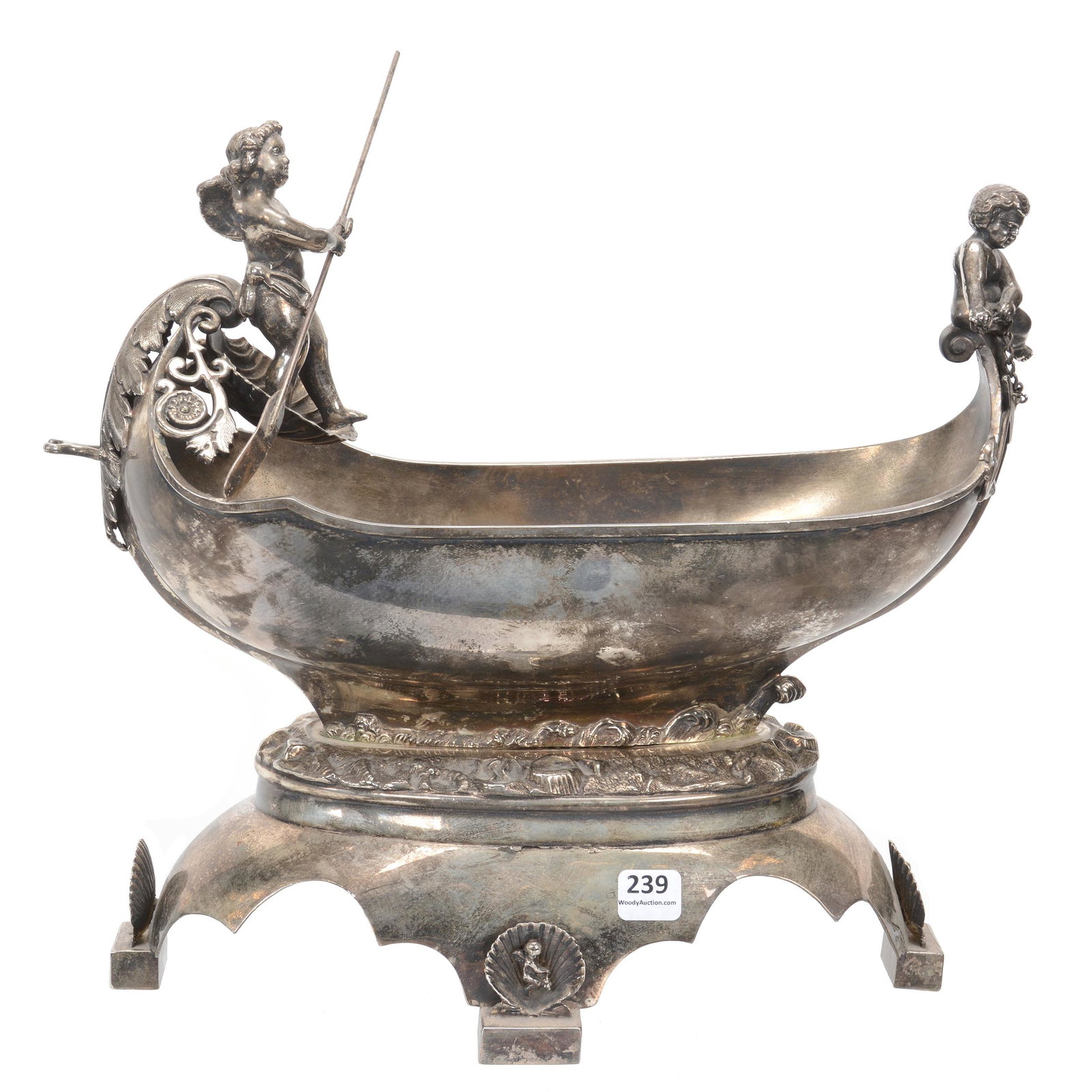 Victorian Centerpiece, Figural Silverplate Design: Victorian Centerpiece, Figural Silverplate Design, 12.5" X 13.5", Two Cherubs Piloting Boat, Cherub And Sea Shell Highlights, Centerpiece By Middletown #967, Nebraska Collection Of Ron & Pam Blessing