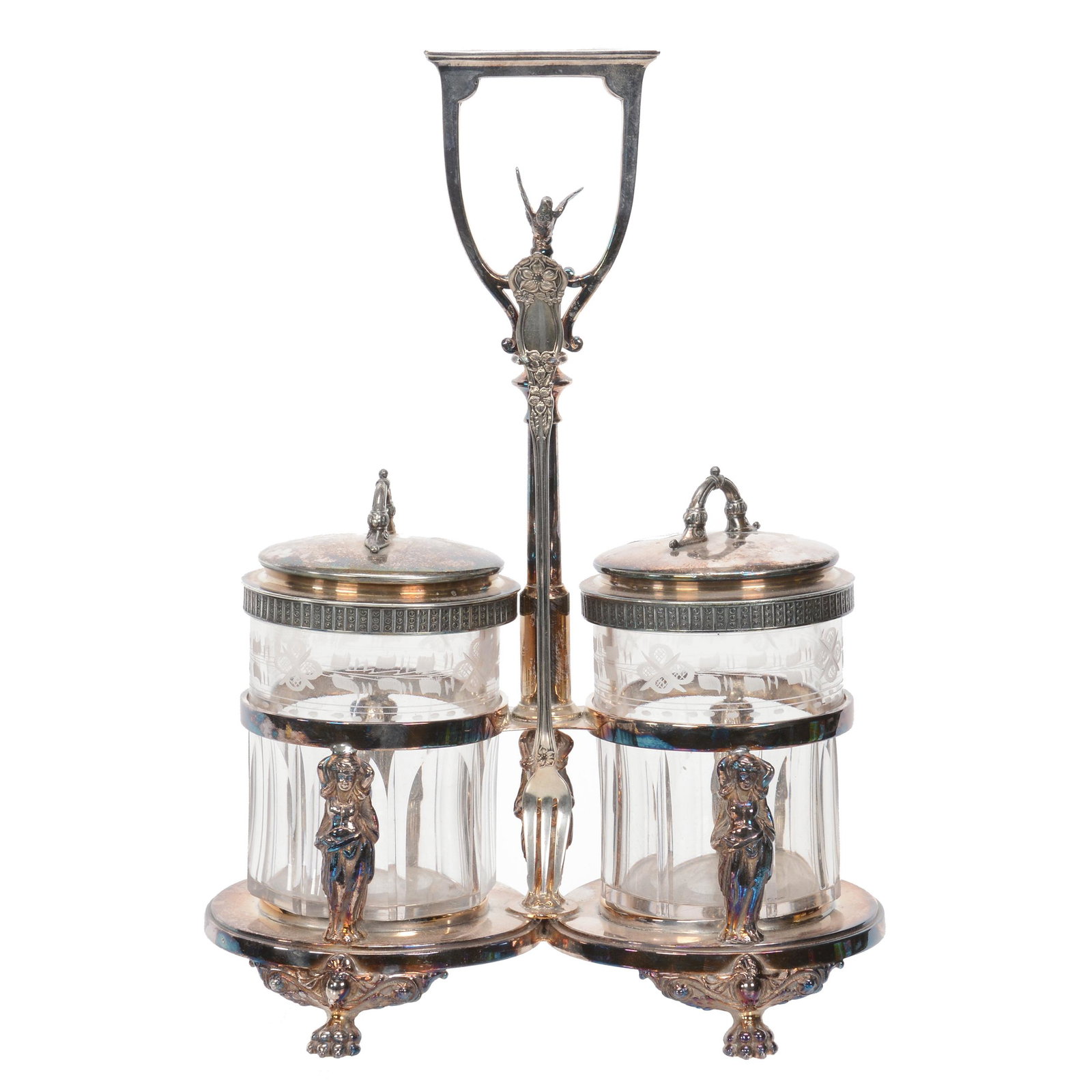 Victorian Double Castor Set, Clear Pattern Glass: Victorian Double Castor Set, Clear Pattern Glass, 12.25", Inserts With Etched Floral Highlights, Set On Wilcox #678 Silverplate Frame Featuring Bird And Five Figures Of Women, Nebraska Collection Of R