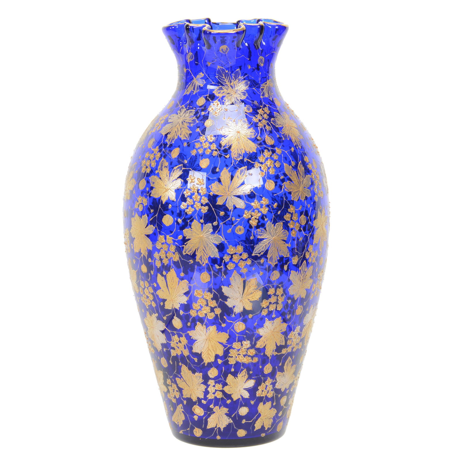 Vase, Moser Cobalt Blue Art Glass, Decorated: Vase, Moser Cobalt Blue Art Glass, Decorated, 8.5", Enamel Leaf And Blossom Decor, Polished Pontil Base, Nebraska Collection Of Ron & Pam Blessing