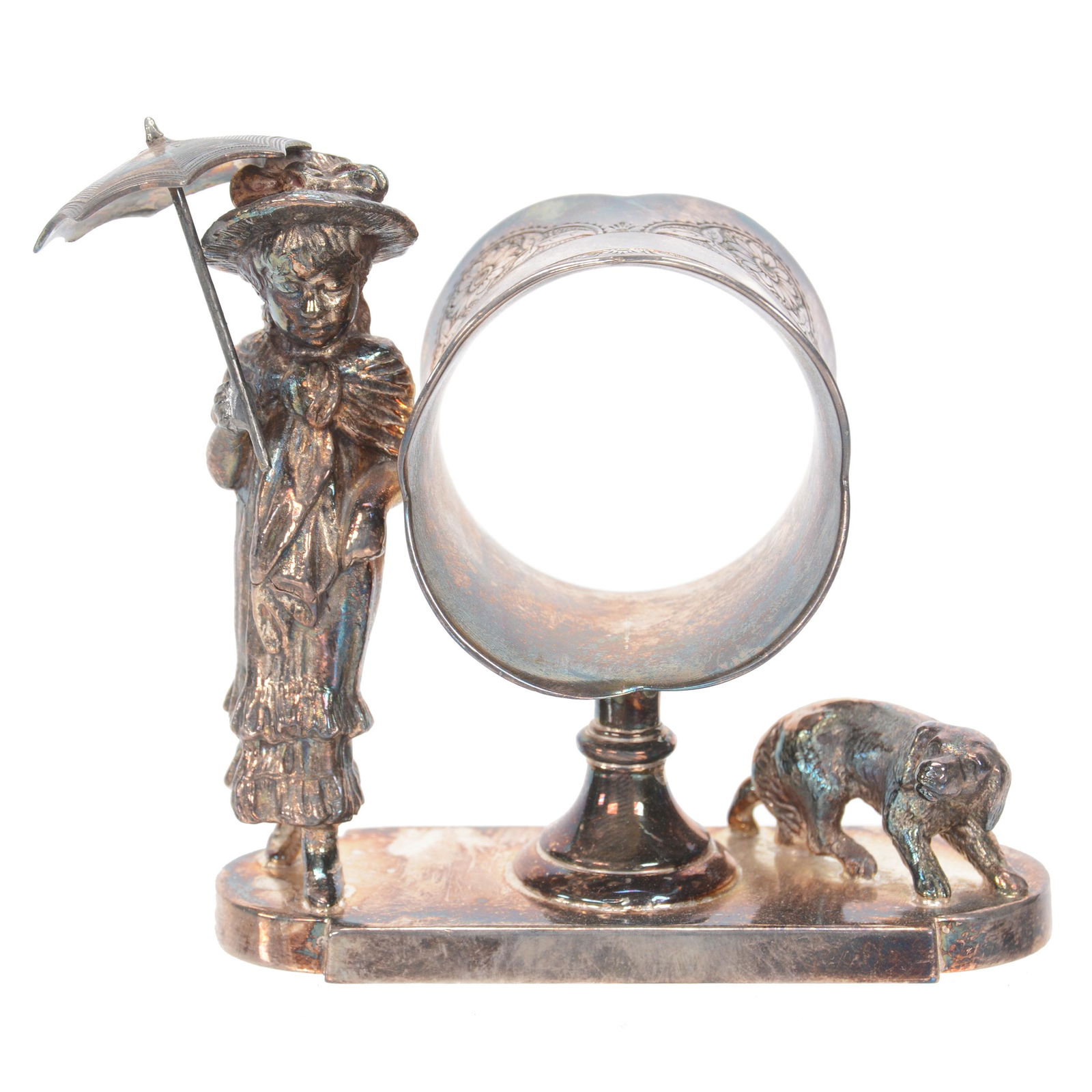 Victorian Silverplate Napkin Ring: Victorian Silverplate Napkin Ring, 3.75" X 3.75", Kate Greenaway Girl Holding Umbrella With Skittish Dog Nearby, Marked Tufts #1590, Nebraska Collection Of Ron & Pam Blessing