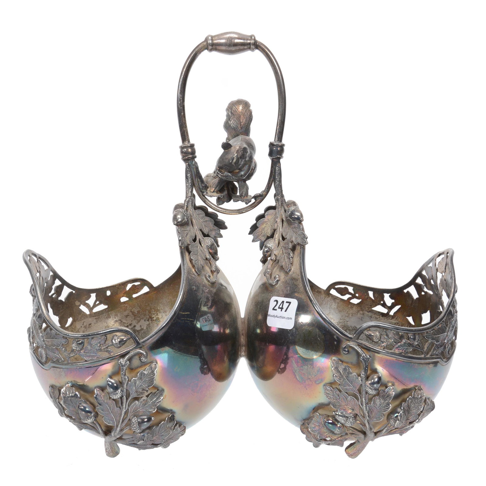 Victorian Silverplate Double Nut Bowl: Victorian Silverplate Double Nut Bowl, 10.25" X 11", Marked Pairpoint #2602, Full Figure Squirrel Center With Acorn Branch Highlights, Nice Quality, Nebraska Collection Of Ron & Pam Blessing
