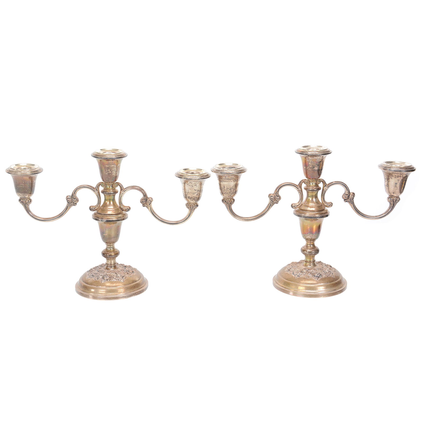 Pair Candelabra, Sterling Silver, Three Arm: Pair Candelabra, Sterling Silver, Three Arm, 8.5" X 11.75", Marked Gorham #998, Cement Reinforced (Weighted), Collection Of Sylvia And The Late Nolan Jackson