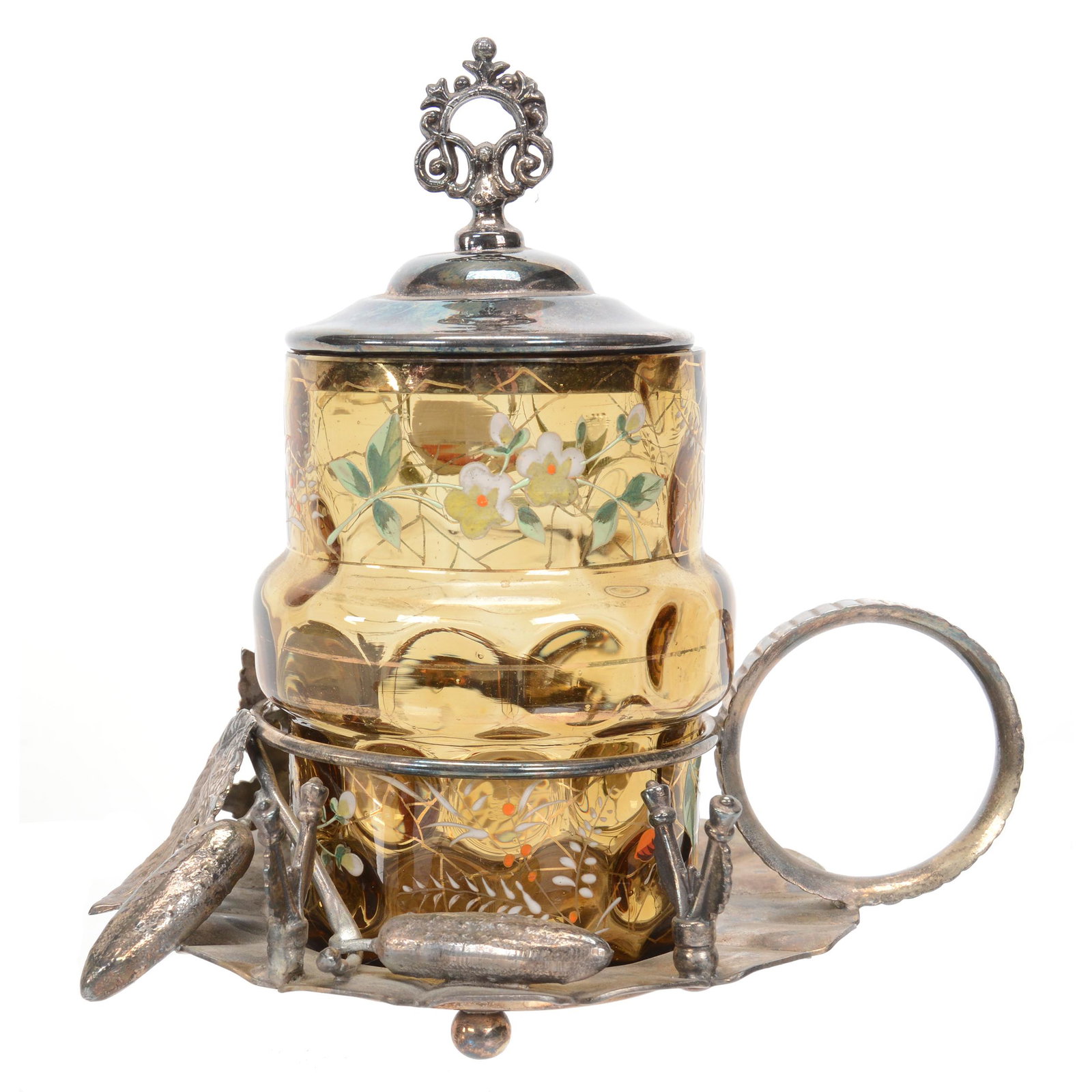 Victorian Pickle Castor, Solid Amber Art Glass: Victorian Pickle Castor, Solid Amber Art Glass, 7", Coinspot Insert With Enamel Floral Decor, Set On Derby #147 Silverplate Frame, Frame Features Cucumber Vine Decor, Nebraska Collection Of Ron & Pam 
