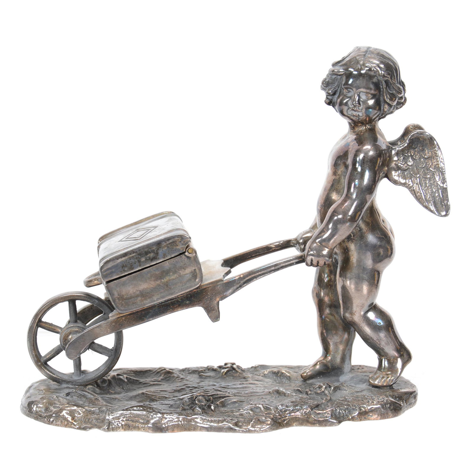 Victorian Silverplate Figural Ring Box: Victorian Silverplate Figural Ring Box, 4.25" X 4.75", Cherub Carrying Suitcase On Wheelbarrow, Case Opens To Reveal Jewel Case, Marked Rogers #287, Nebraska Collection Of Ron & Pam Blessing