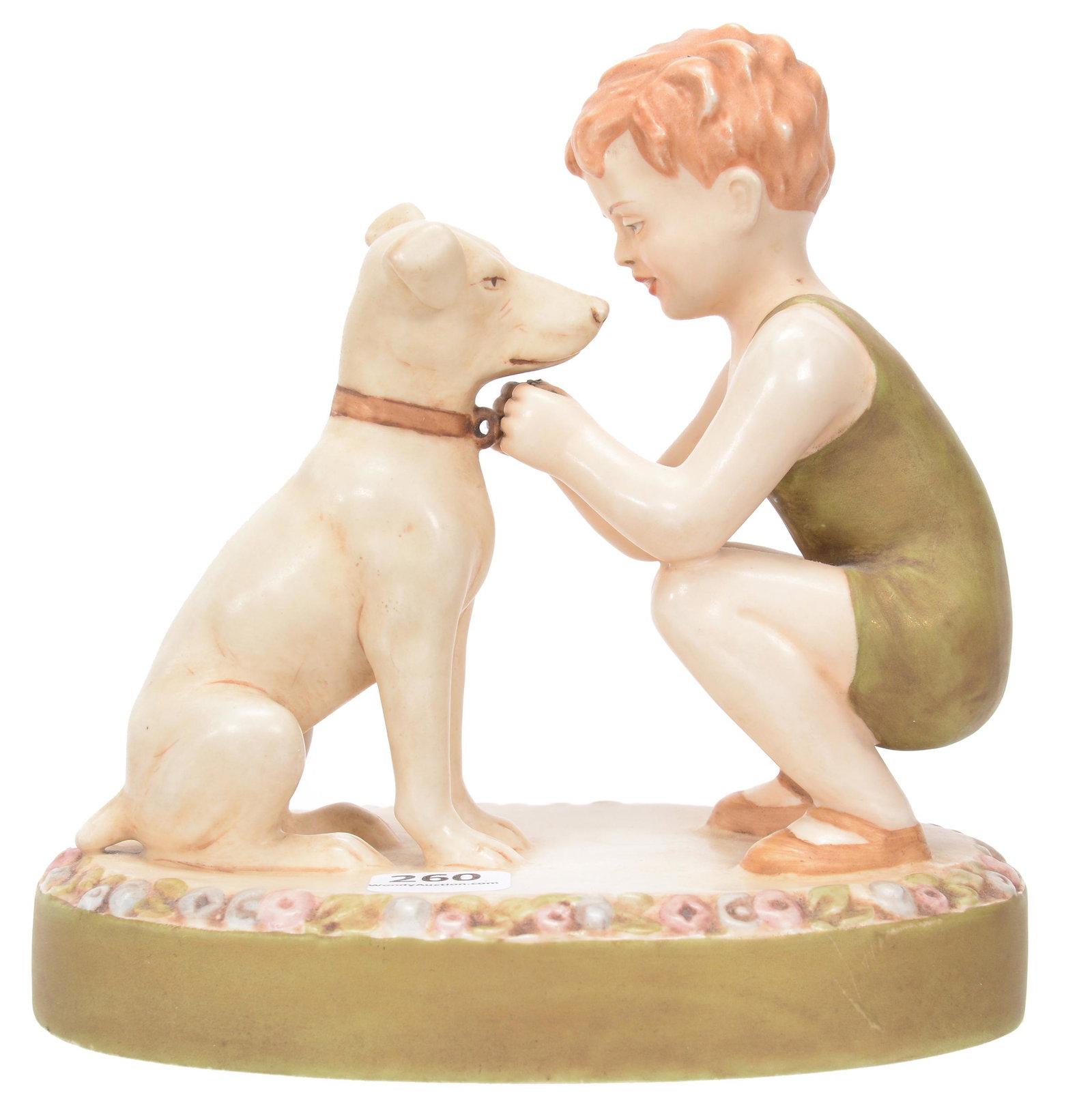 Royal Dux #2920 Figure, Boy And Terrier Dog: Royal Dux #2920 Figure, Boy And Terrier Dog, 6.5" X 6.5", Young Boy Placing Collar On Dog, Collection Of Sylvia And The Late Nolan Jackson