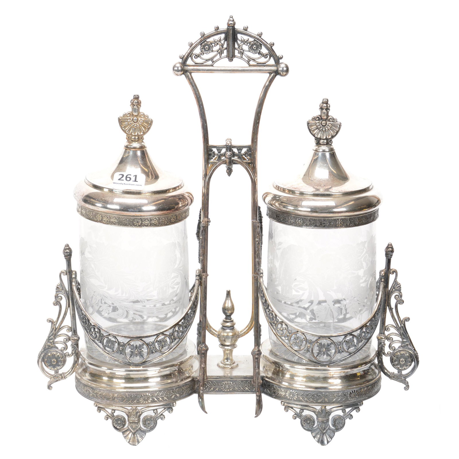 Victorian Double Pickle Castor, Clear Glass Inserts: Victorian Double Pickle Castor, Clear Glass Inserts, 11.75" X 10.75", Nicely Etched Bird And Floral Design, One Insert Has Multiple Surface Fractures In Sides & Bruise on Base, Set On Elaborate Tufts 
