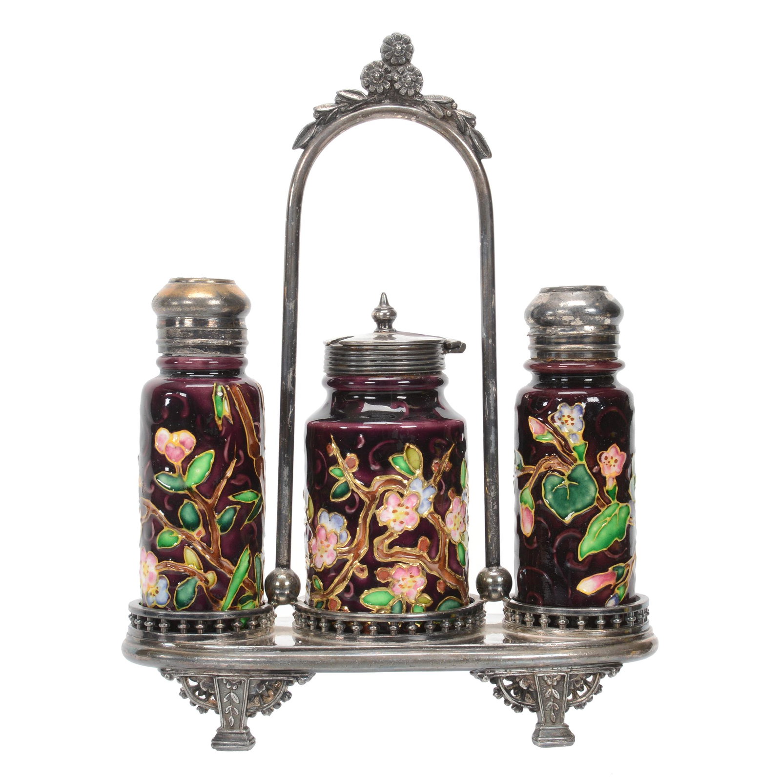 Victorian Condiment Set: Victorian Condiment Set, 8.5" X 6.5", Quality Pottery Inserts With Floral Decor, Dark Background, Set On Meriden #53 Silverplate Frame, Nebraska Collection Of Ron & Pam Blessing