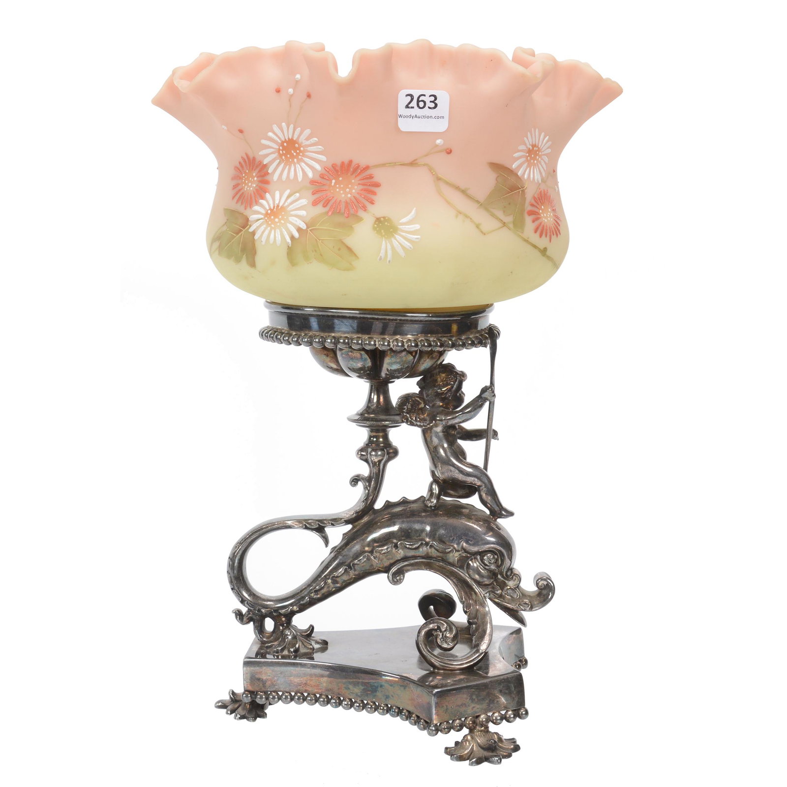 Victorian Brides Basket, Decorated Burmese Art Glass: Victorian Brides Basket, Decorated Burmese Art Glass, 13" X 9", Ruffled Bowl With Daisy Floral Decor, Set On Elaborate Meriden #01535 Silverplate Frame Featuring Cherub Riding Dolphin, Outstanding Exa