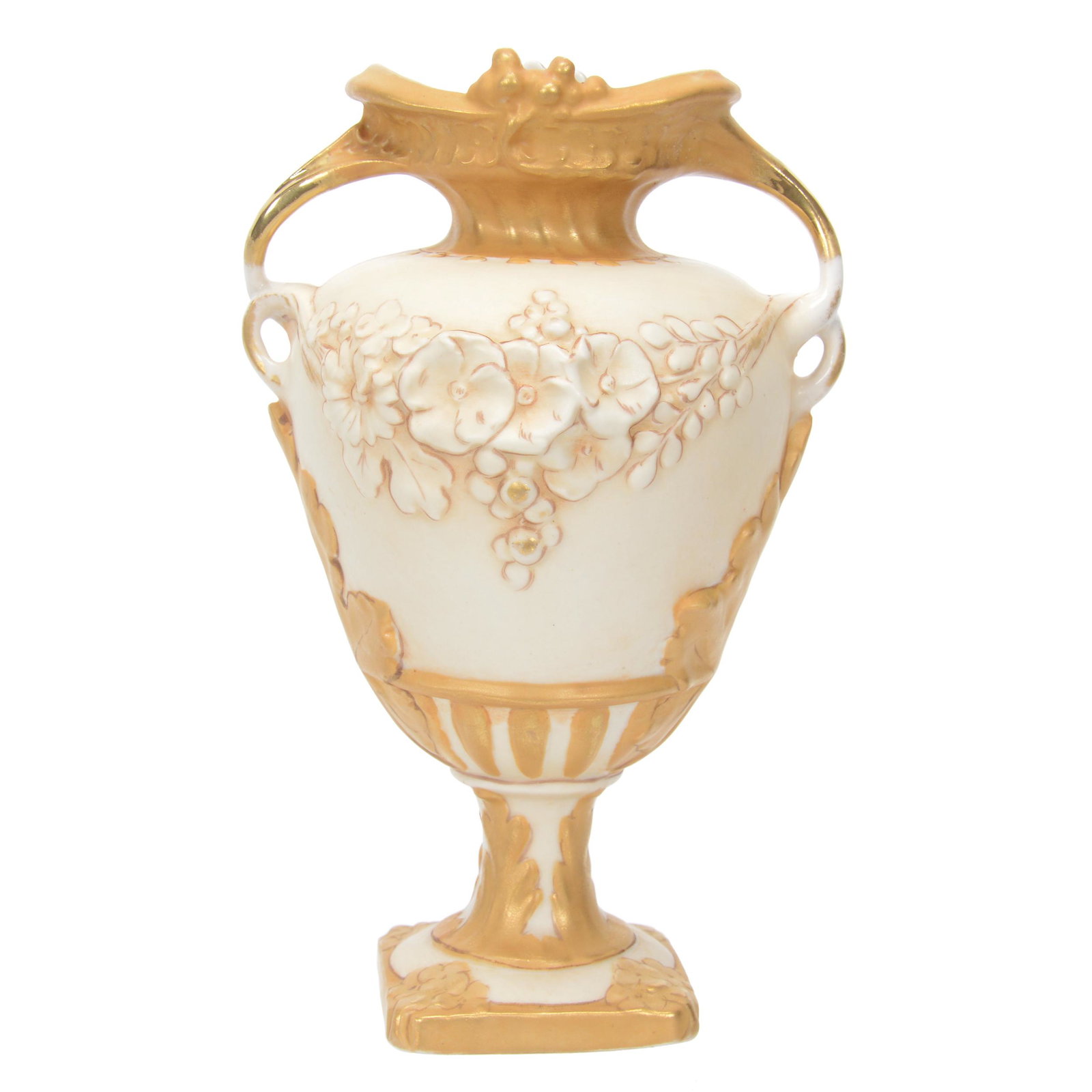 Pedestal Vase Marked Royal Dux: Pedestal Vase Marked Royal Dux, 7.75", Two-Handled, Embossed Floral And Leaf Design, Collection Of Sylvia And The Late Nolan Jackson