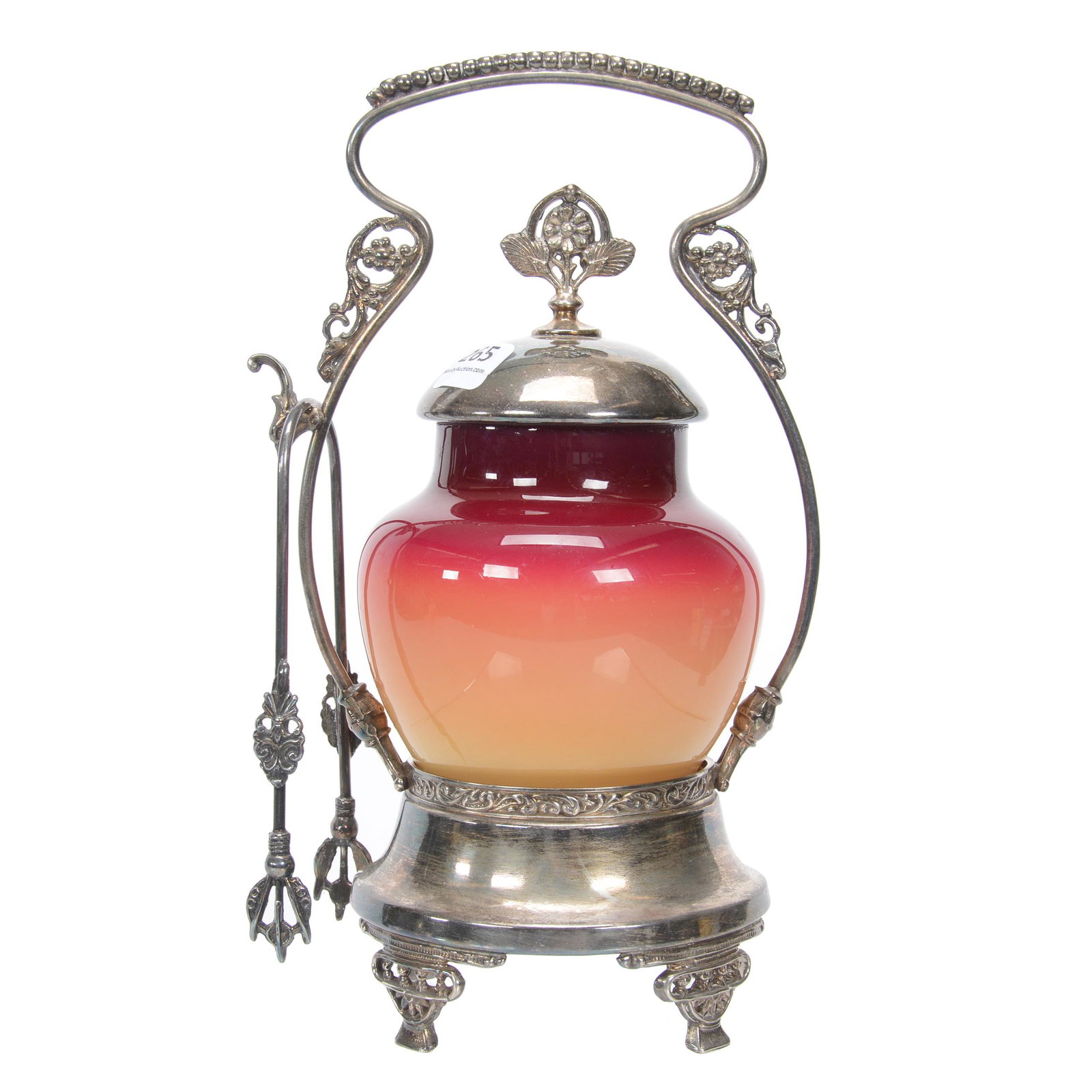 Victorian Pickle Castor Wheeling Peachblow Art Glass: Victorian Pickle Castor Wheeling Peachblow Art Glass, 10", Insert Set On #277 Silverplate Frame, Nebraska Collection Of Ron & Pam Blessing
