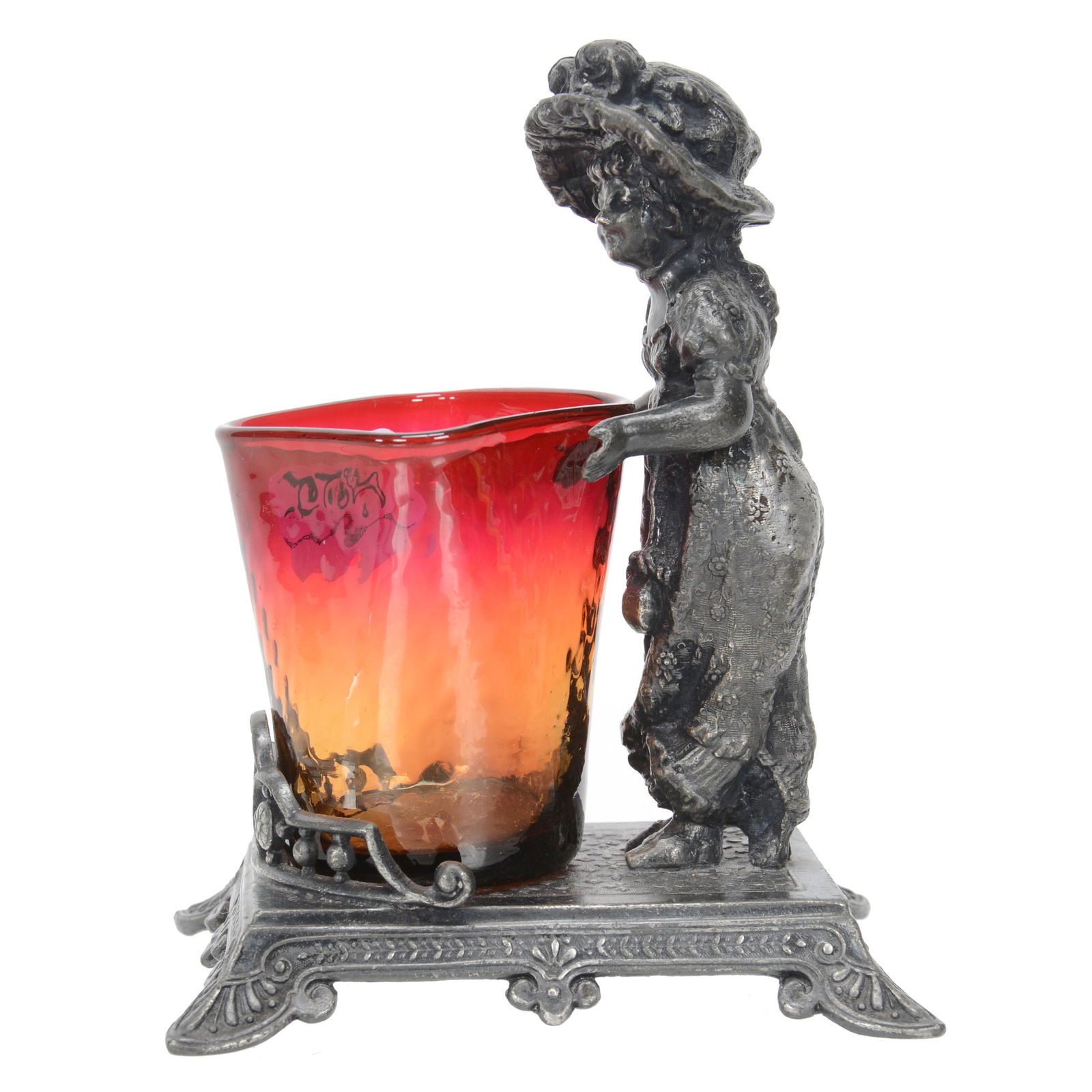 Victorian Toothpick Holder, Amberina Art Glass: Victorian Toothpick Holder, Amberina Art Glass, 5" X 4.875", Diamond Quilted Optic, Four Sided, Set On Tufts #3405 Silverplate Frame Featuring Kate Greenaway Girl, Extra Nice, Nebraska Collection Of R