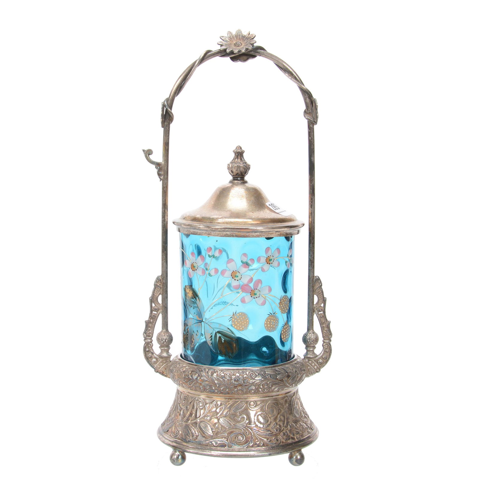 Victorian Pickle Castor, Blue Coinspot Art Glass: Victorian Pickle Castor, Blue Coinspot Art Glass, 11.75", Insert With Enamel Blossom And Berry Decor, Set On Ornate Embossed Wilcox #4623 Silverplate Frame, Nebraska Collection Of Ron & Pam Blessing