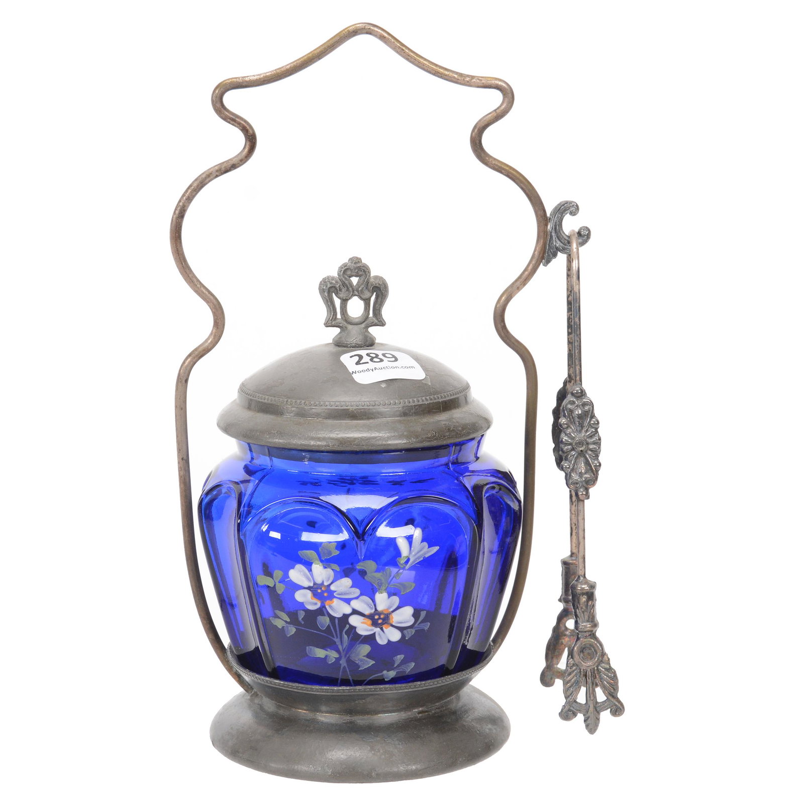 Victorian Pickle Castor, Cobalt Blue Insert: Victorian Pickle Castor, Cobalt Blue Insert, 8.5", Open Heart Arches Pattern Insert By Consolidated, White Enamel Floral Decor, Set On Simple Webster #95 Silverplate Frame, Nebraska Collection Of Ron 
