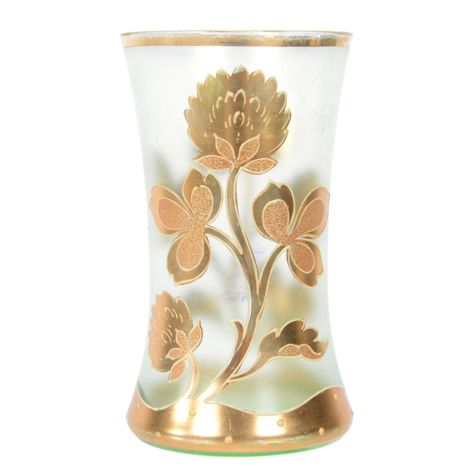 Tumbler, Green Bohemian Art Glass: Tumbler, Green Bohemian Art Glass, 5", Heavy Gold Enamel Floral Decor, Nebraska Collection Of Ron & Pam Blessing