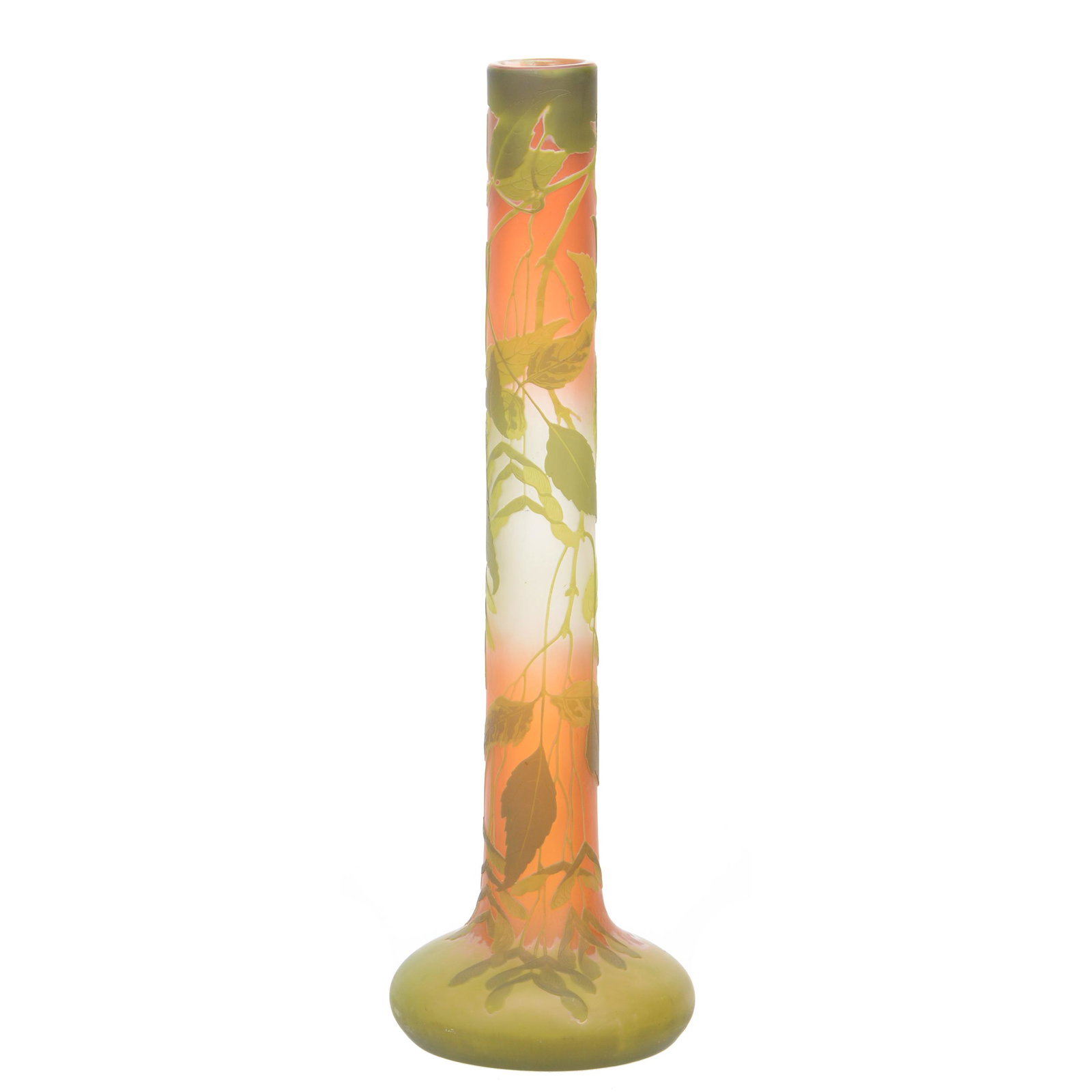 Vase Signed Galle French Cameo Art Glass: Vase Signed Galle French Cameo Art Glass, 24", Orange And White Background With Cameo Carved Green Overlay Featuring Seed Pod Design, Impressive Size And Quality, Nebraska Collection Of Ron & Pam Bles