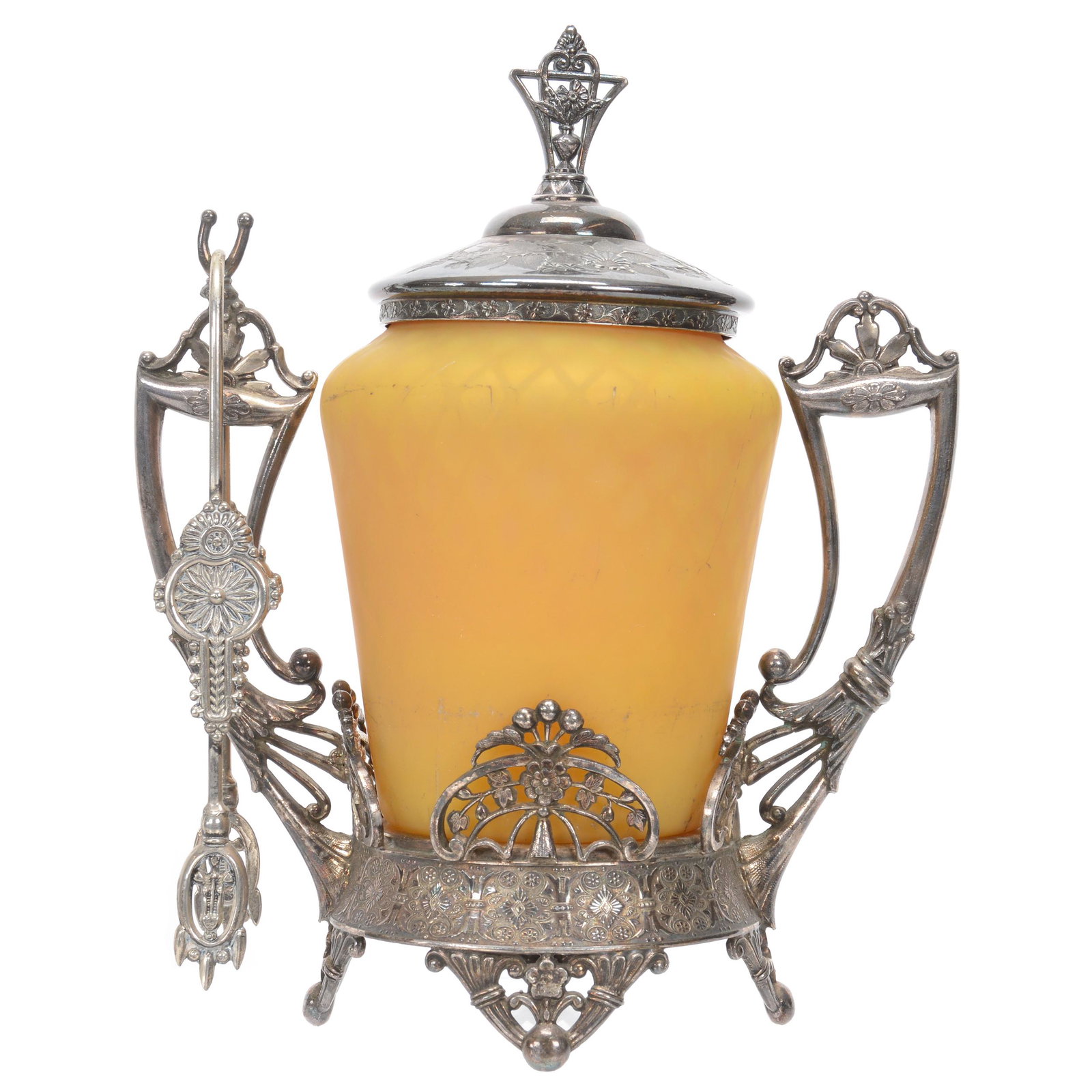 Victorian Pickle Castor, Apricot Satin MOP Art Glass: Victorian Pickle Castor, Apricot Satin MOP Art Glass, 9", Diamond Quilted Insert Set On Extra Nice Tufts #3390 Silverplate Frame, Nebraska Collection Of Ron & Pam Blessing