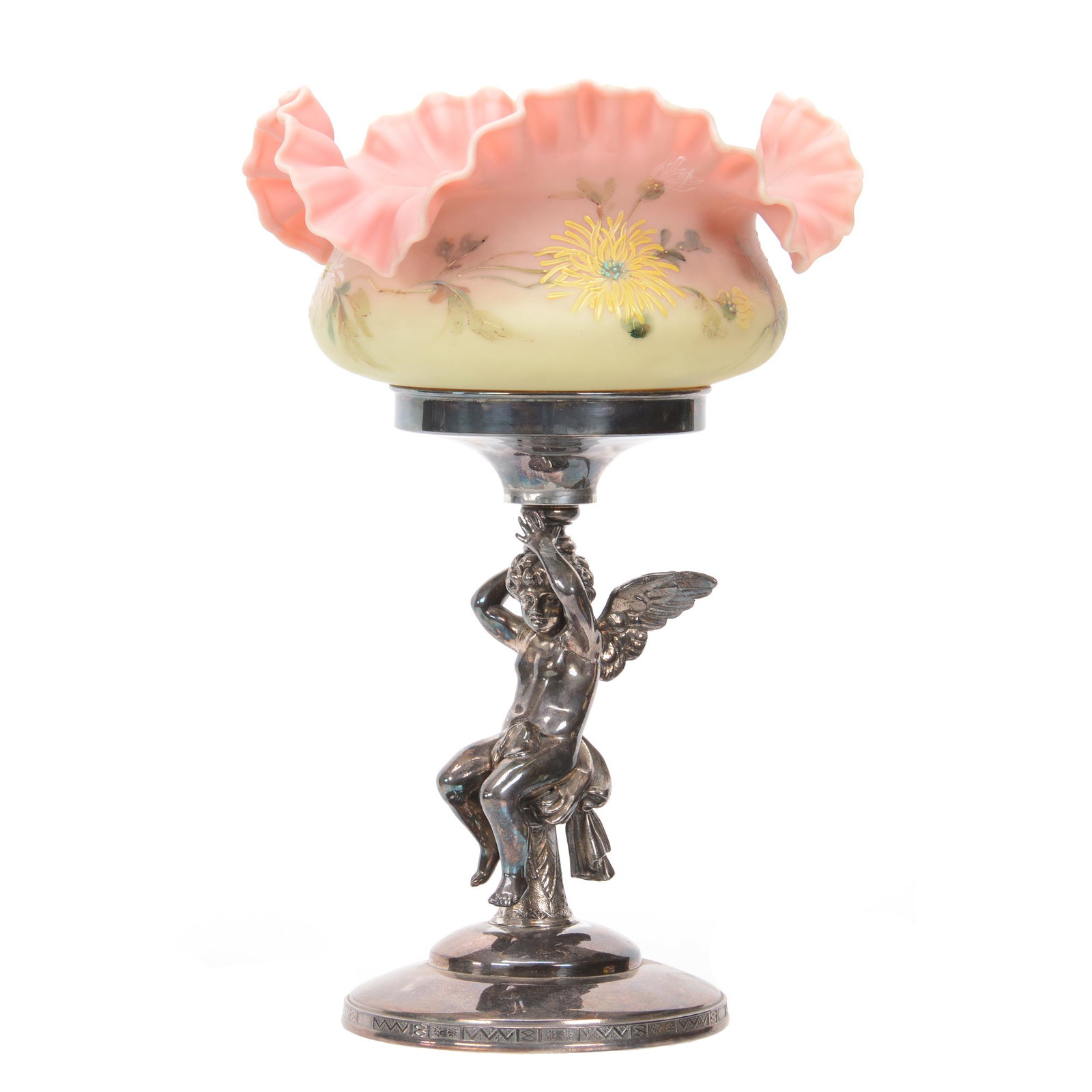 Victorian Brides Basket, Decorated Burmese Art Glass: Victorian Brides Basket, Decorated Burmese Art Glass, 15" X 10", Bowl With Enamel Floral Decor, Set On Derby #1213 Silverplate Frame Featuring Large Full Figure Winged Cherub Holding Bowl Above Head, 