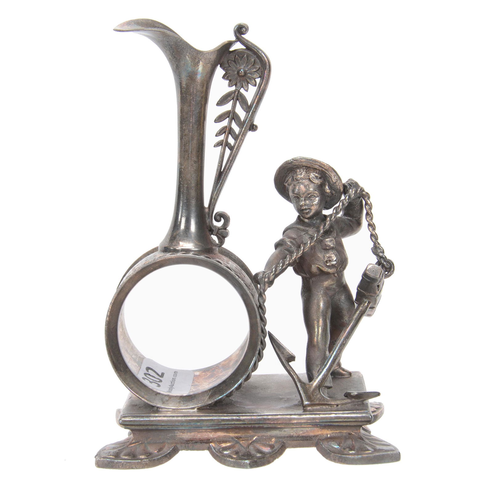 Victorian Silverplate Napkin Ring With Bud Vase: Victorian Silverplate Napkin Ring With Bud Vase, 5" X 3.5", Kate Greenaway Sailor Figure With Anchor Marked Reed & Barton #1357, Nebraska Collection Of Ron & Pam Blessing