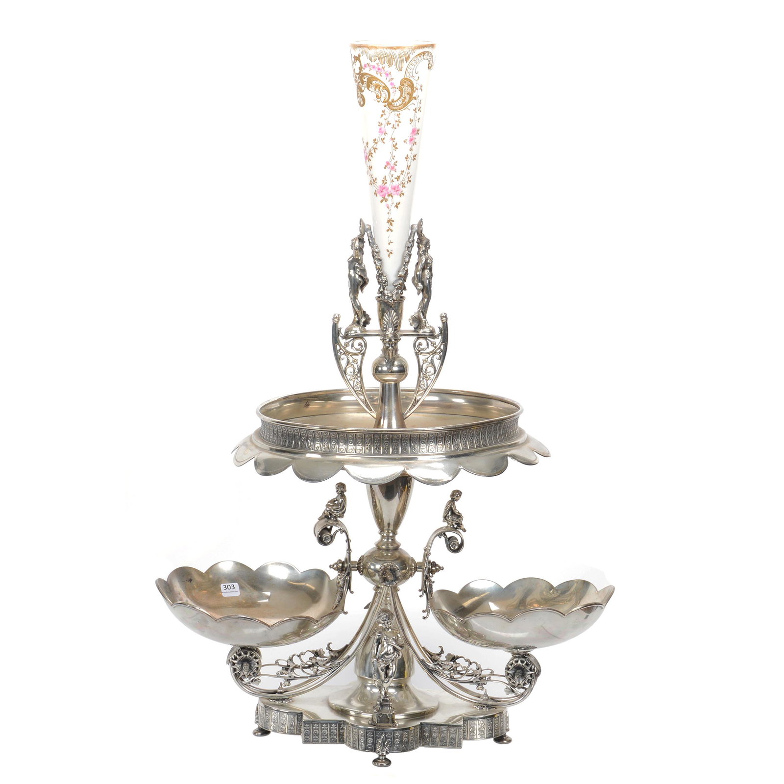 Massive Victorian Silverplate Centerpiece: Massive Victorian Silverplate Centerpiece, 33" X 21.5", Centerpiece Topped By Mt. Washington Style Colonial Ware 12" Trumpet Vase Insert With Classic Enamel Decor, One Of The Largest Centerpieces To B