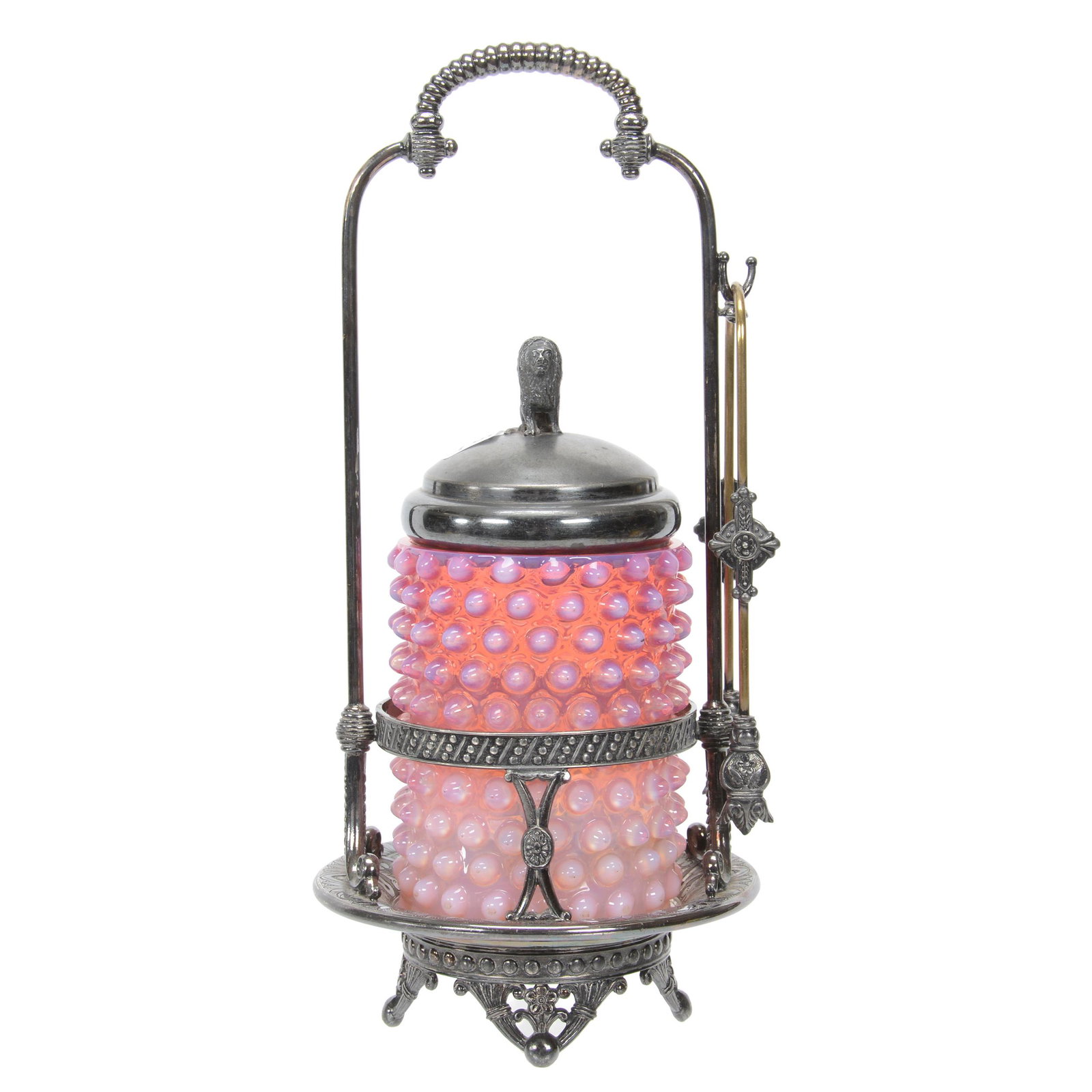 Victorian Pickle Castor, Pink Opal Hobnail Art Glass: Victorian Pickle Castor, Pink Opal Hobnail Art Glass, 11.5", Insert Set On Tufts #3600 Silverplate Frame, Lion Finial On Silverplate Lid, Lid Does Not Fully Seat In Place, Nebraska Collection Of Ron &