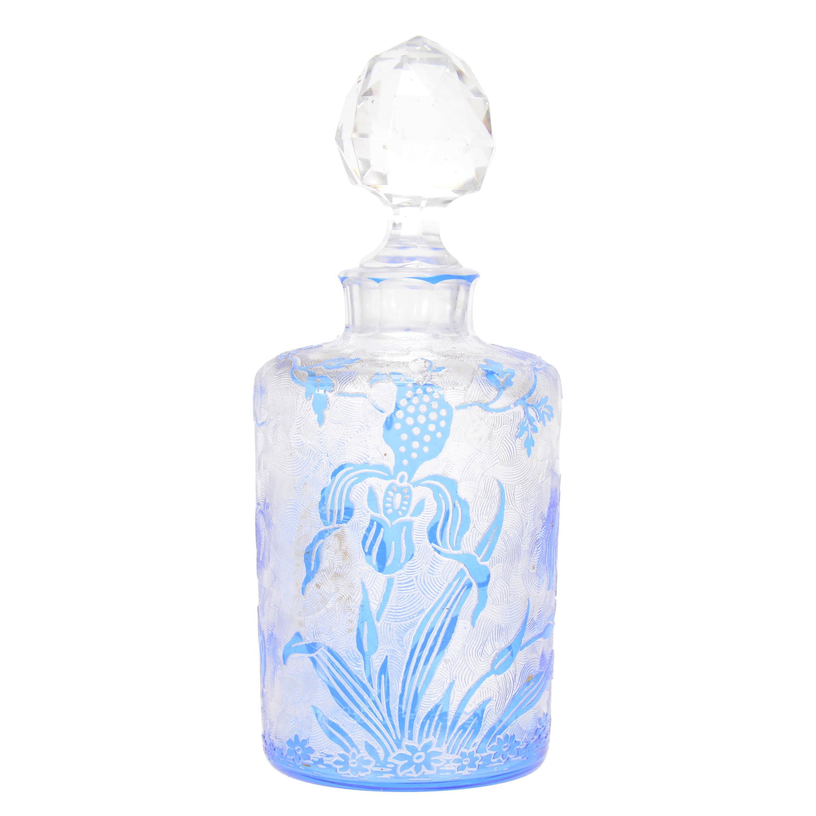 Cologne Bottle Signed Val St. Lambert: Cologne Bottle Signed Val St. Lambert, 5.5", Blue Acid Cut To Clear, Iris Decor, Collection Of Sylvia And The Late Nolan Jackson