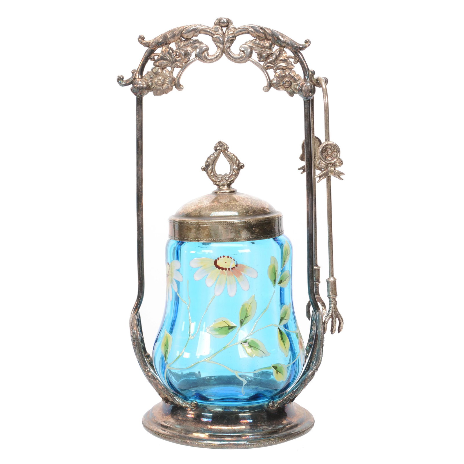 Victorian Pickle Castor, Blue Optic Rib Art Glass: Victorian Pickle Castor, Blue Optic Rib Art Glass, 10", Insert Has Colorful Enamel Floral Decor, Set On Homan #1090 Silverplate Frame, Nebraska Collection Of Ron & Pam Blessing