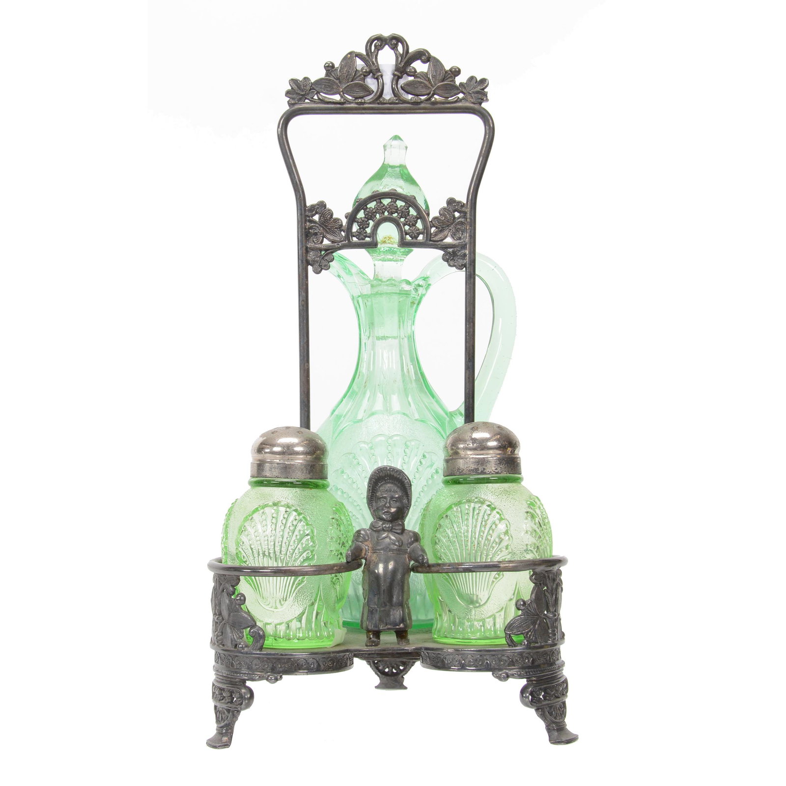 Victorian Condiment Set, Green Pattern Glass Inserts: Victorian Condiment Set, Green Pattern Glass Inserts, 10.5" X 5.5", Beaded Shell Pattern, Cruet, Salt & Pepper Shakers Set On Rockford #2717 Silverplate Frame, Nebraska Collection Of Ron & Pam Blessin