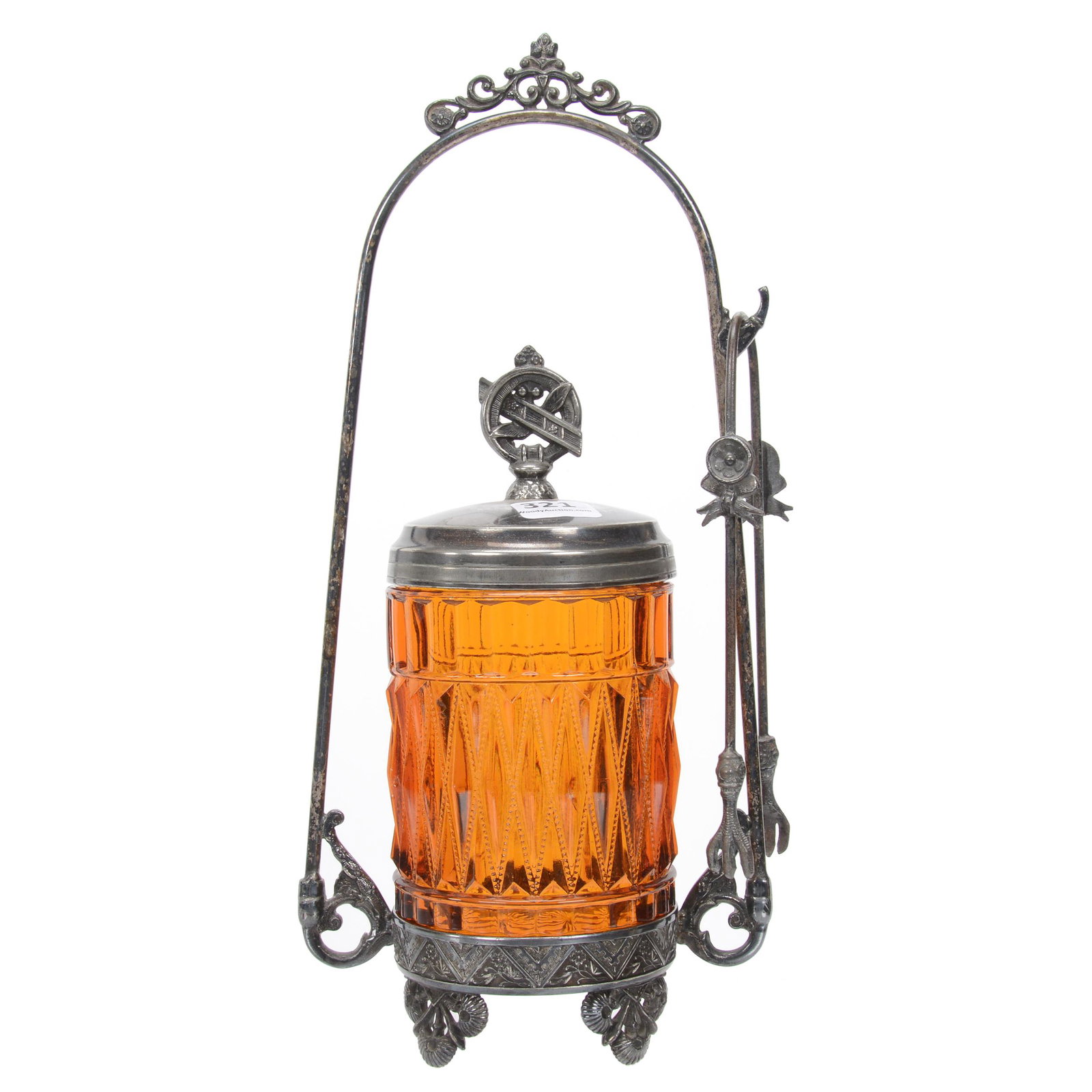 Victorian Pickle Castor, Amber Pattern Glass Insert: Victorian Pickle Castor, Amber Pattern Glass Insert, 11", Diamond Design, Set On Barbour #107 Silverplate Frame, Nebraska Collection Of Ron & Pam Blessing