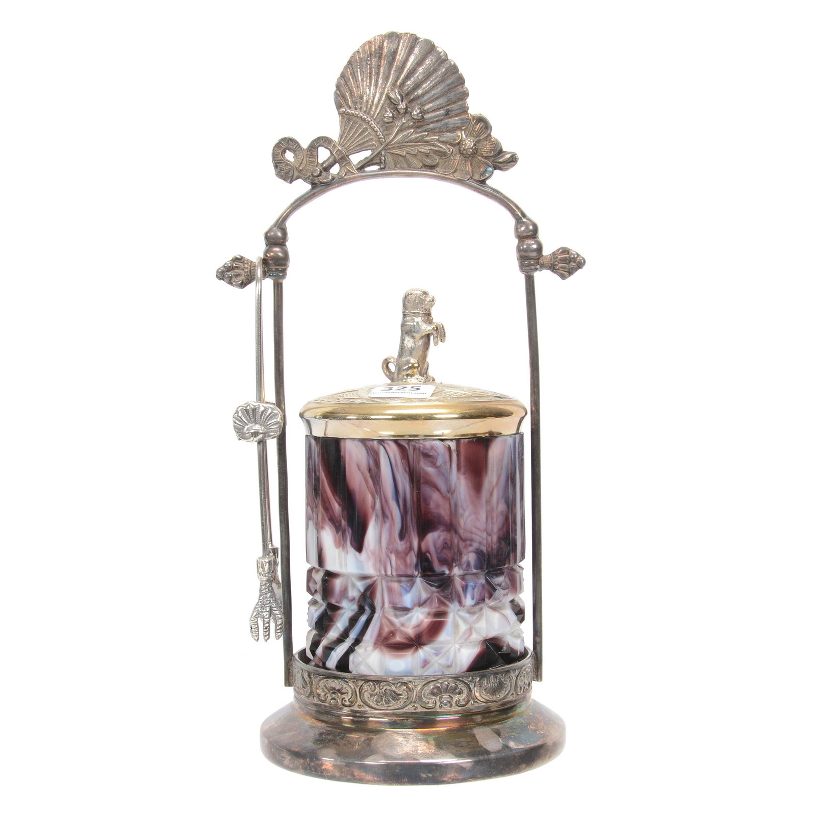 Victorian Pickle Castor, Purple Slag Insert: Victorian Pickle Castor, Purple Slag Insert, 10.75", Embossed Design On Insert, Set On Lexington #1 Silverplate Frame, Embossed Silverplate Lid With Begging Dog Finial, Paddle Fan At Top Of Handle, Ne