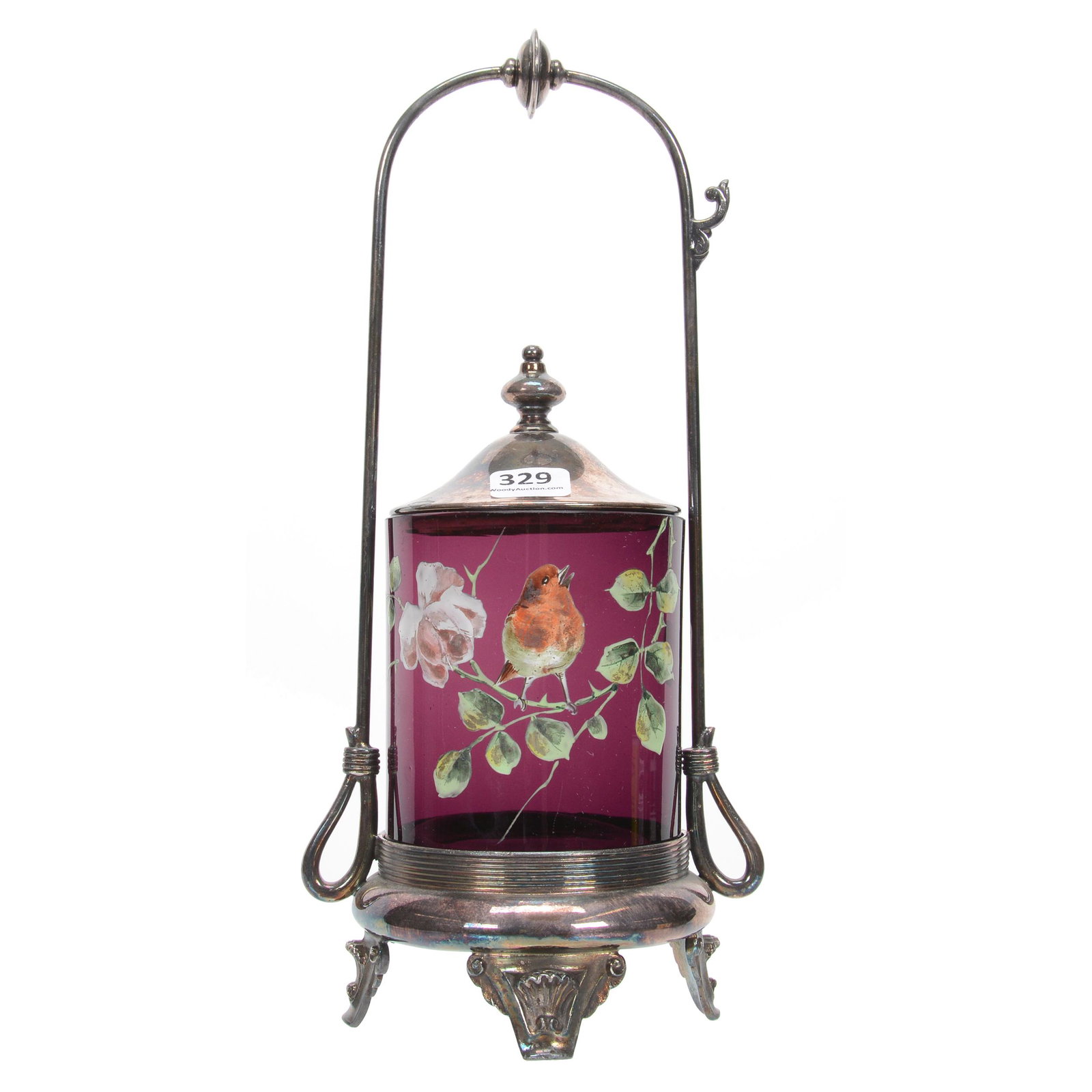 Victorian Pickle Castor, Amethyst Art Glass Insert: Victorian Pickle Castor, Amethyst Art Glass Insert, 11.25", Enamel Bird, Branch And Blossom Decor, Set On Rogers Smith & Company #130 Silverplate Frame, Nebraska Collection Of Ron & Pam Blessing