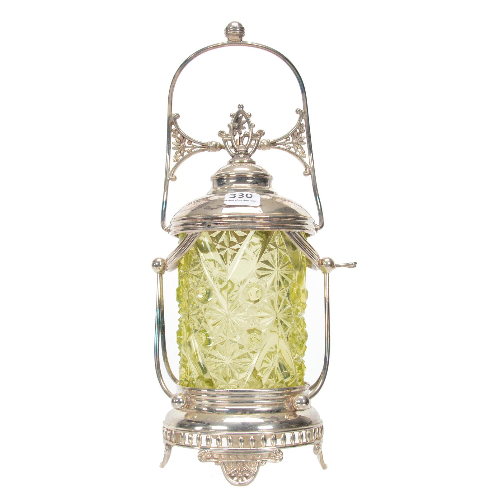 Victorian Pickle Castor, Vaseline Glass Insert: Victorian Pickle Castor, Vaseline Glass Insert, 11.75", Button & Daisy With "V" Pattern, Set On Mechanical Pairpoint #641 Silverplate Frame, Nebraska Collection Of Ron & Pam Blessing