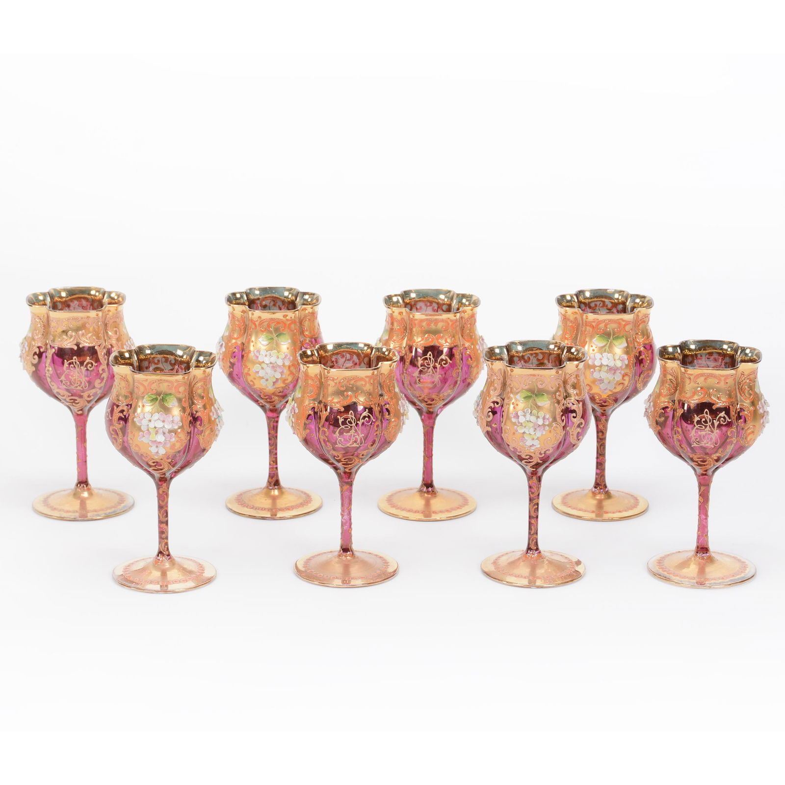 (8) Wine Stems, Bohemian Ruby Flash, Heavy Gold: (8) Wine Stems, Bohemian Ruby Flash, Heavy Gold, 5", Extensive Gold With Applied Floral Highlights, Matches Lot #322, Nebraska Collection Of Ron & Pam Blessing