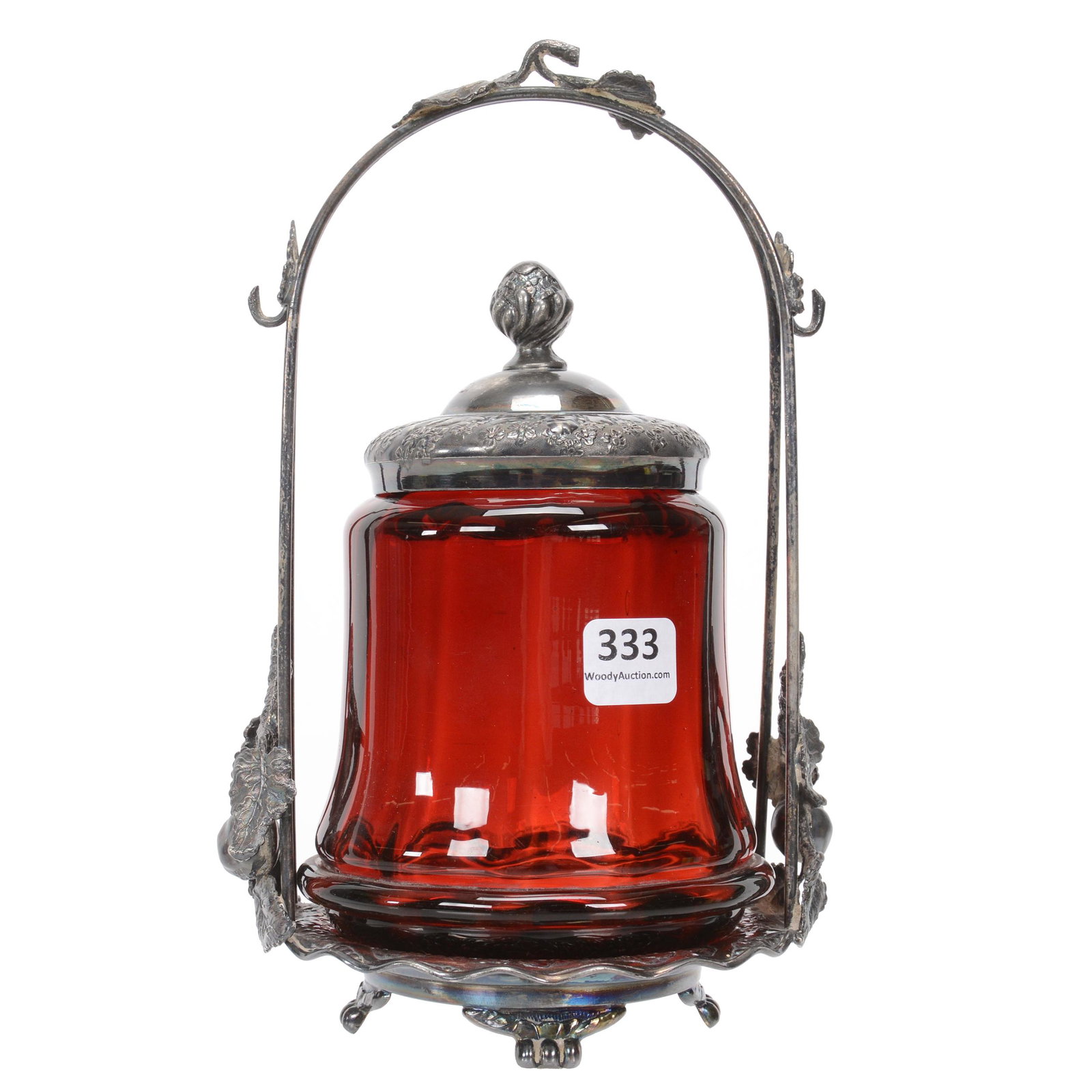 Victorian Pickle Castor, Dark Cranberry Art Glass: Victorian Pickle Castor, Dark Cranberry Art Glass, 8.25", Optic Rib Insert Set On Pairpoint #668 Silverplate Frame With Berry And Leaf Decor, Nebraska Collection Of Ron & Pam Blessing