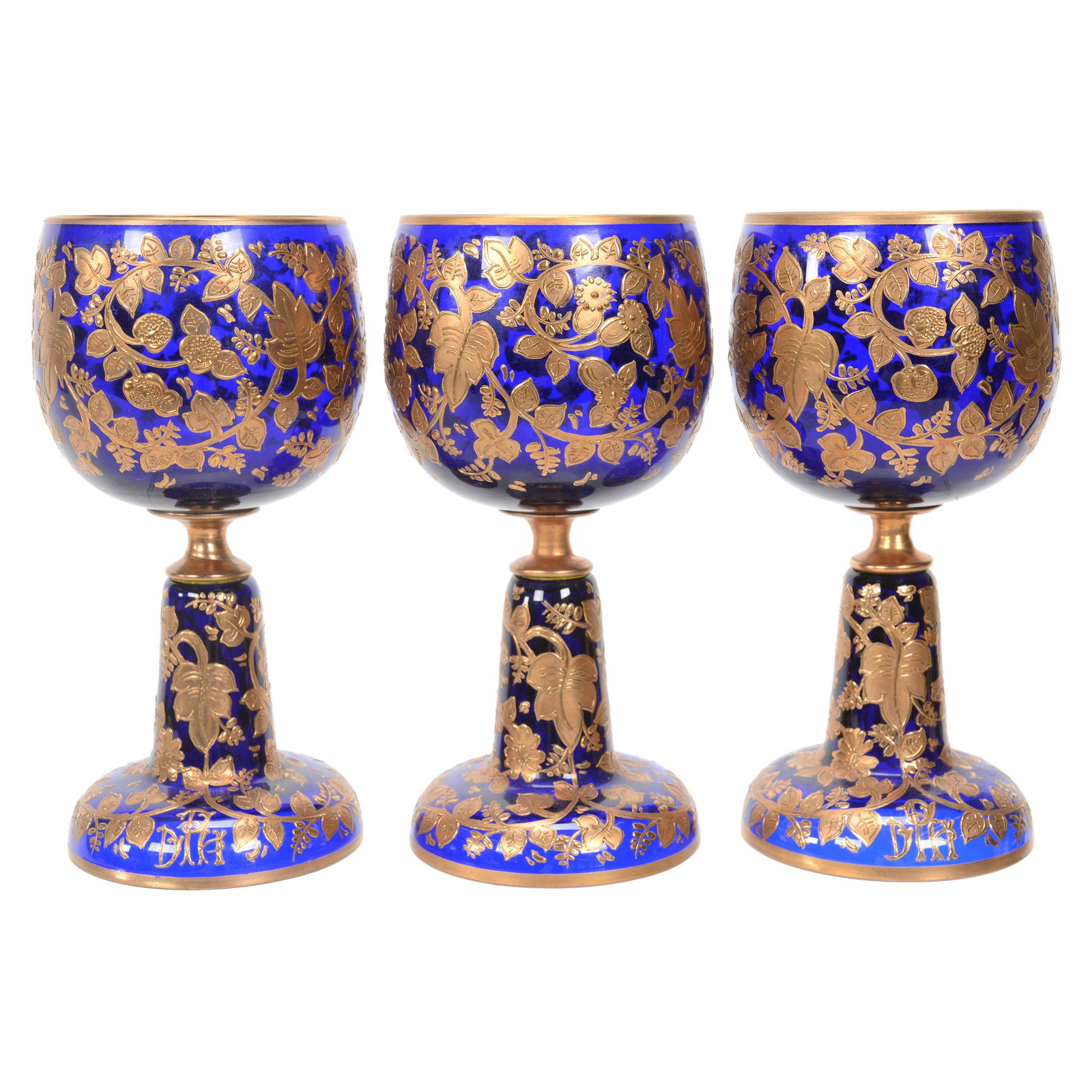 (3) Goblets, Moser Cobalt Blue Art Glass: (3) Goblets, Moser Cobalt Blue Art Glass, 6.75", Extensive Gold Enamel Vine And Blossom Decor, Elaborate Monogram On Foot, One Goblet Has Small Rim Chip, Nebraska Collection Of Ron & Pam Blessing