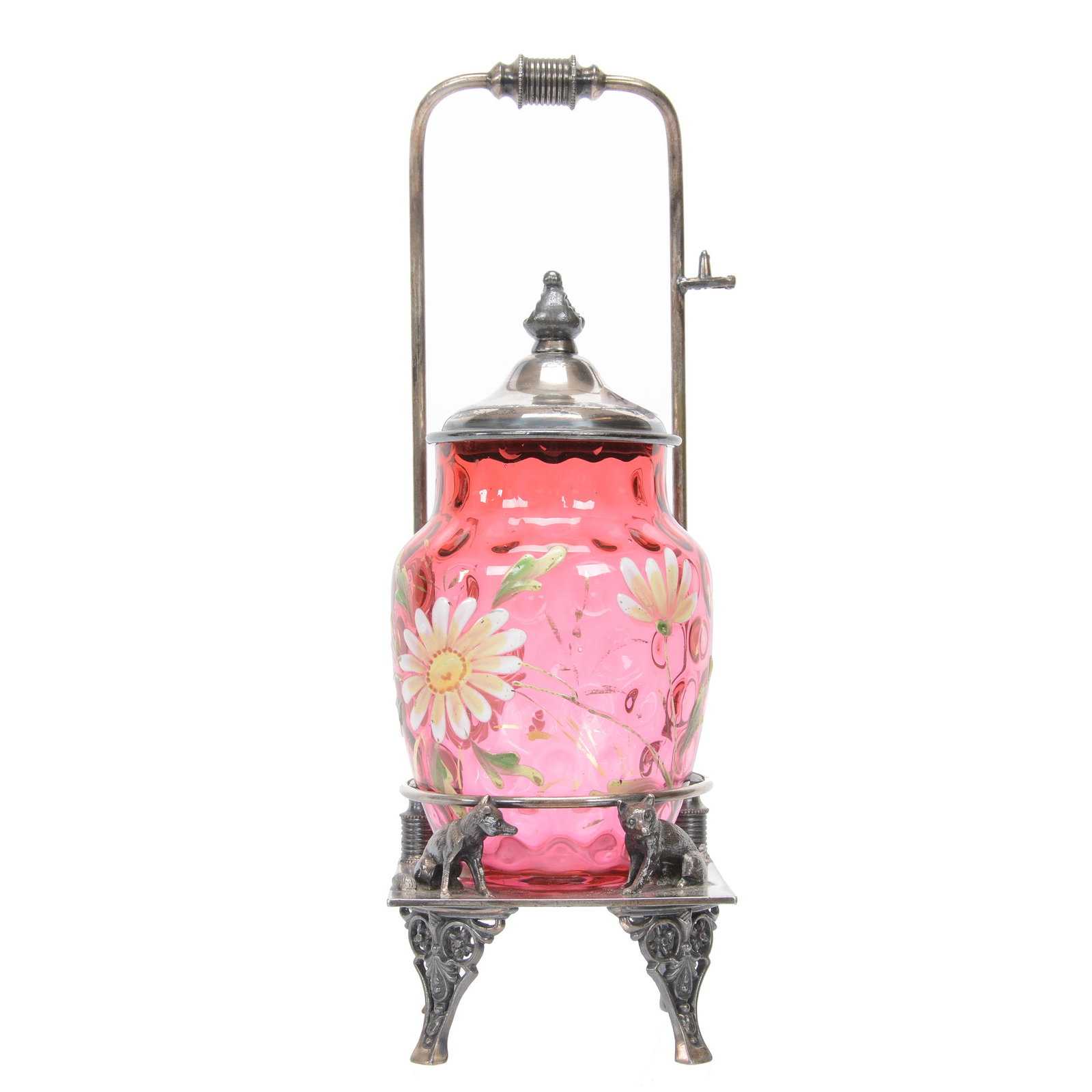 Victorian Pickle Castor Cranberry Coinspot Art Glass: Victorian Pickle Castor Cranberry Coinspot Art Glass, 11.25", Insert With Enamel Floral Decor, Set On Rockford #657 Silverplate Frame With Figural Fox Highlights, Nebraska Collection Of Ron & Pam Bles
