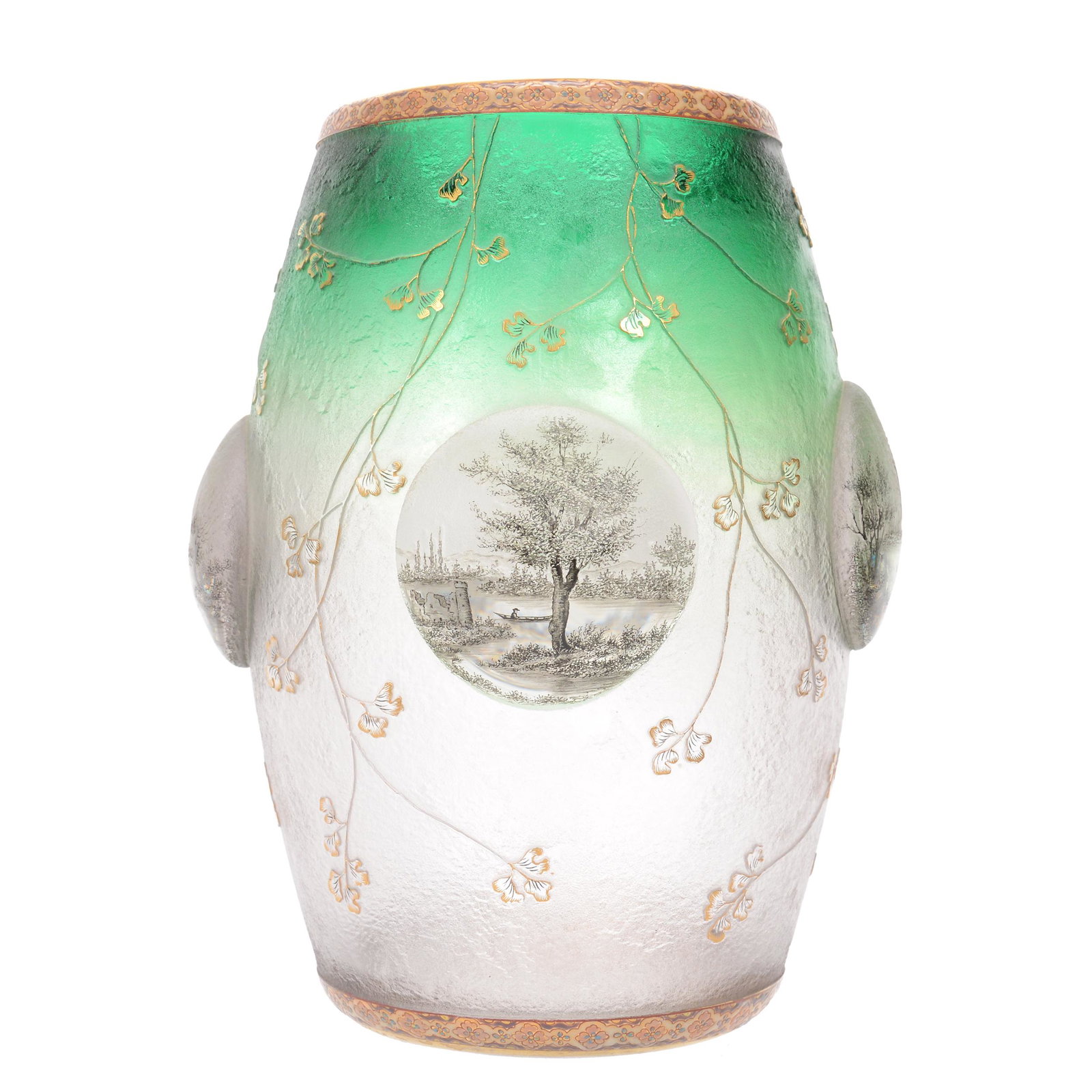 Vase Signed Daum Nancy French Cameo Art Glass: Vase Signed Daum Nancy French Cameo Art Glass, 11" X 8.75", Acid Cut Green Shading To Clear With Leaf And Branch Design, Four Large Applied Cabochons Spaced Around Vase, The Cabochons Showcase Each Of