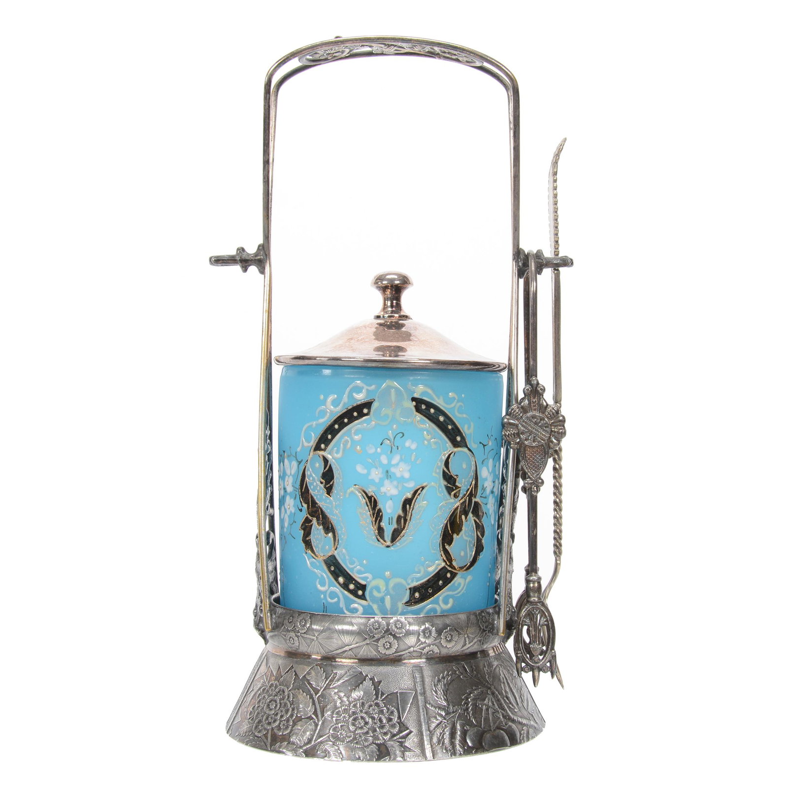 Victorian Pickle Castor Blue Opaque Art Glass Insert: Victorian Pickle Castor Blue Opaque Art Glass Insert, 10.25", Black And White Enamel Scroll And Floral Highlights, Set On Rockford #662 Silverplate Frame, Nebraska Collection Of Ron & Pam Blessing