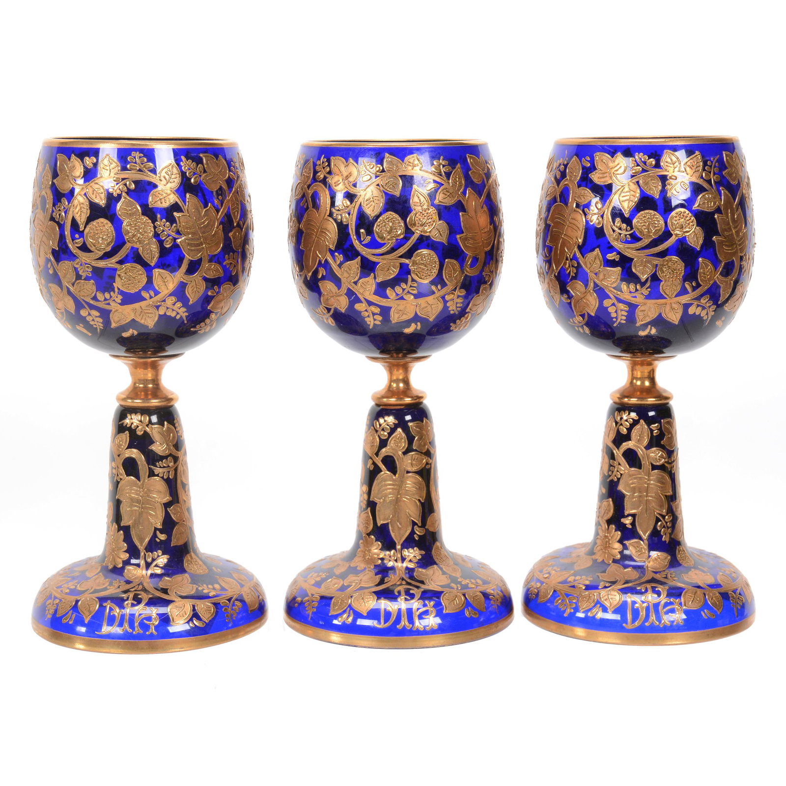 (3) Wine Stems, Moser Cobalt Blue Art Glass: (3) Wine Stems, Moser Cobalt Blue Art Glass, 6", Extensive Gold Enamel Vine And Blossom Decor, Elaborate Monogram On Foot, Nebraska Collection Of Ron & Pam Blessing
