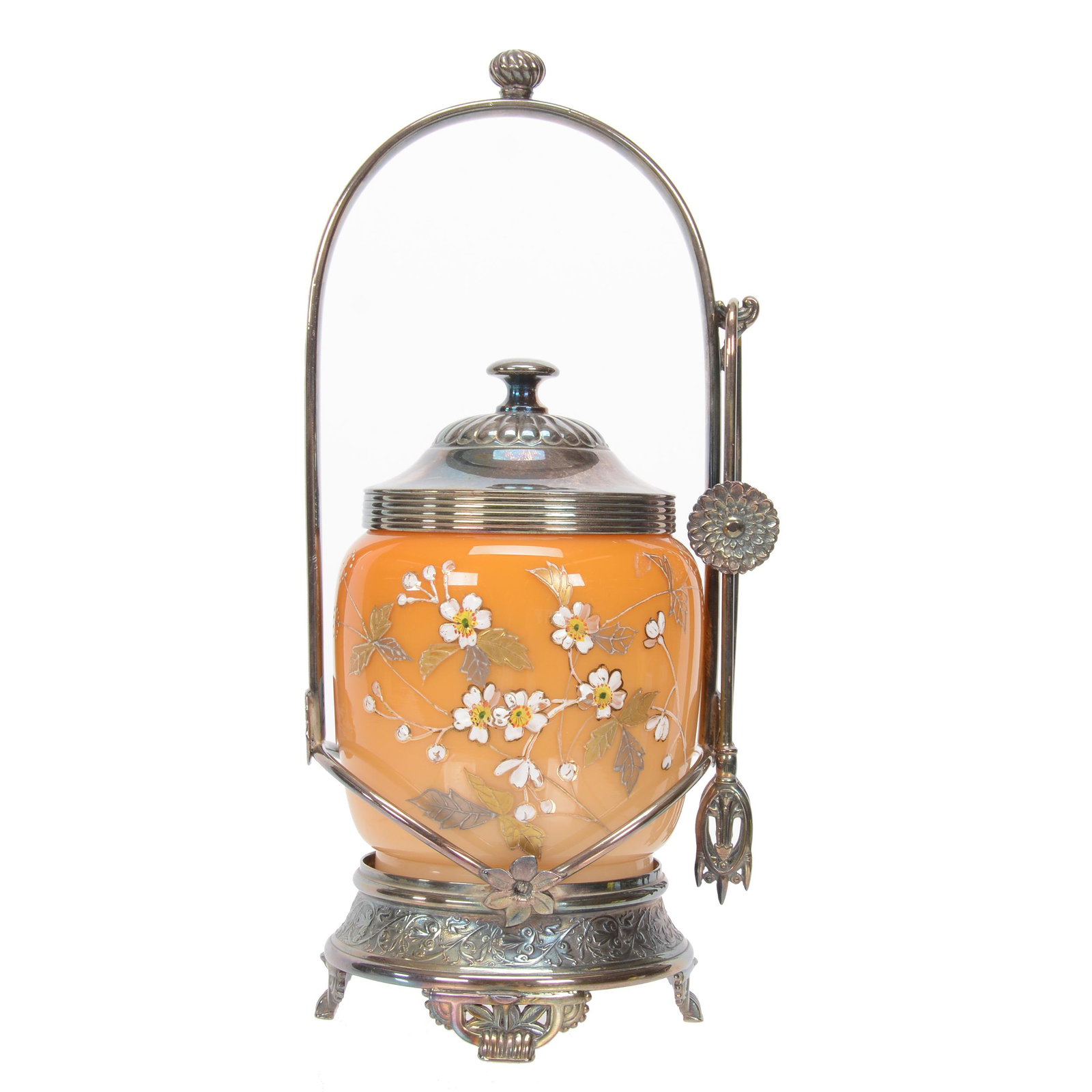 Victorian Pickle Castor, Cased Webb Art Glass: Victorian Pickle Castor, Cased Webb Art Glass, 10", Insert Has Butterscotch Exterior With Enamel Floral Decor, Set On Reed & Barton #1595 Silverplate Frame, Nebraska Collection Of Ron & Pam Blessing