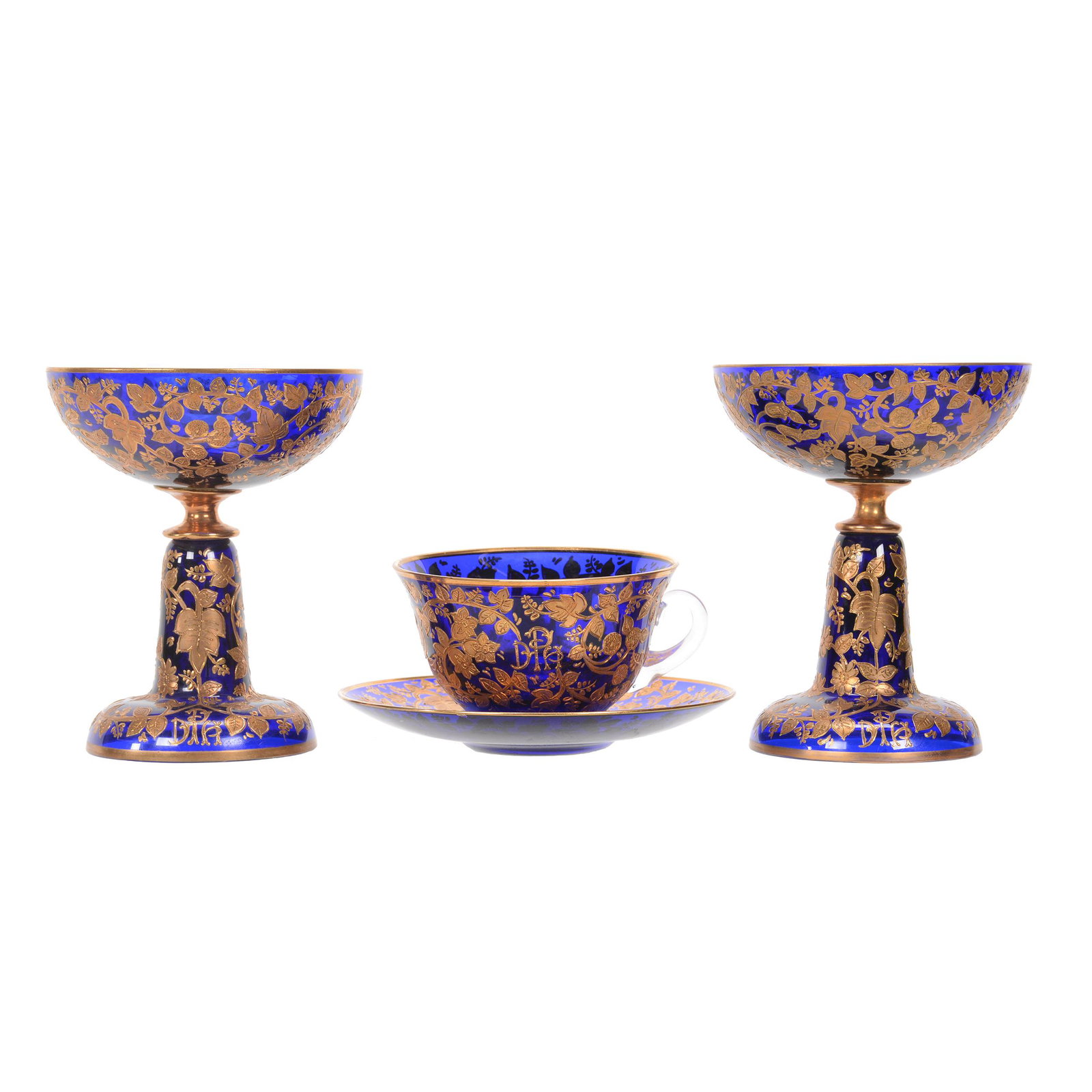 (3) Moser Cobalt Blue Art Glass Items: (3) Moser Cobalt Blue Art Glass Items, Extensive Gold Enamel Vine And Blossom Decor, Elaborate Monogram, (2) 6.75" Goblets, (1) 2.5" X 5.5" Cup And Saucer With Clear Glass Applied Handle, Nebraska Col