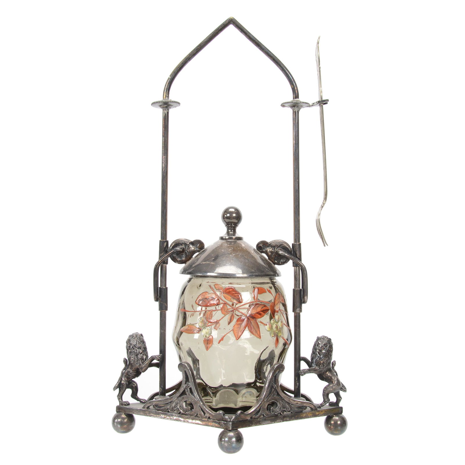 Victorian Pickle Castor, Smokey Art Glass Insert: Victorian Pickle Castor, Smokey Art Glass Insert, 12.75", Coinspot, Autumn Leaves, Berry & Floral Decor, Set On Rogers Smith #91 Silverplate Frame With Figural Rampant Lions, Attached Vertical Slide L