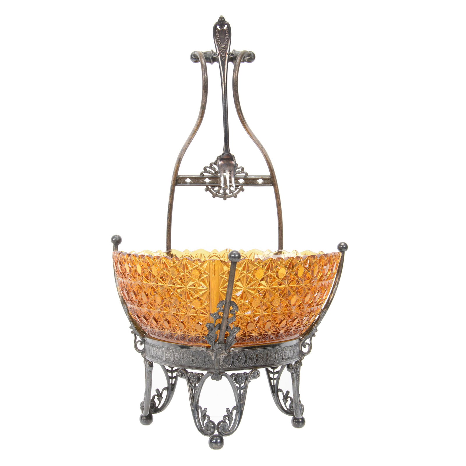 Victorian Brides Basket, Solid Amber Art Glass Bowl: Victorian Brides Basket, Amber Art Glass Bowl, 13.5" X 9", Button And Daisy Pattern, Triangular Bowl, Set On Tufts #102 Silverplate Frame, Nebraska Collection Of Ron & Pam Blessing