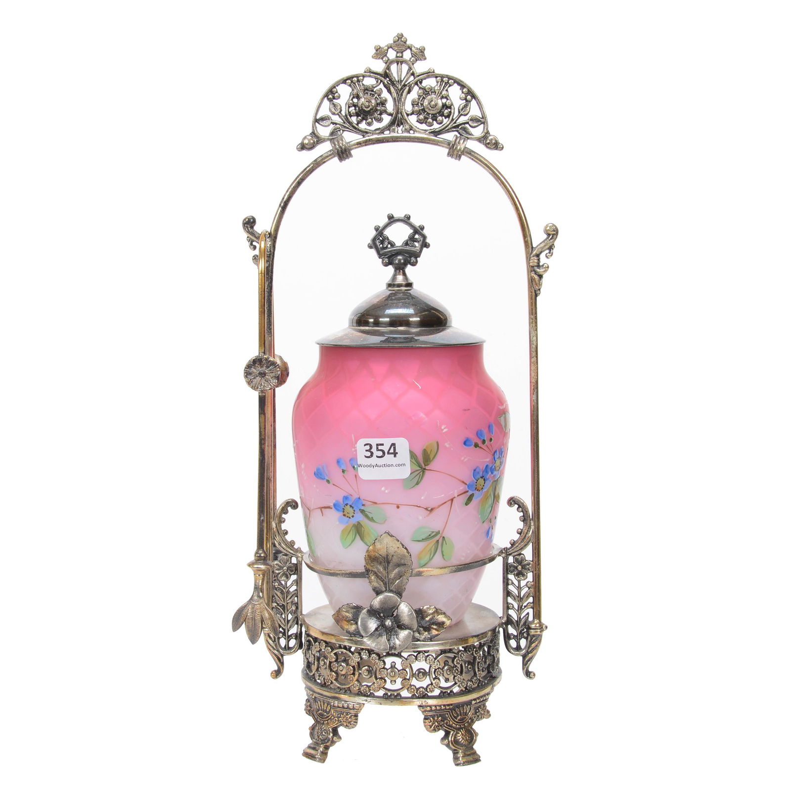 Victorian Pickle Castor, Pink Satin MOP Art Glass: Victorian Pickle Castor, Pink Satin MOP Art Glass, 12.5", Pink Shading To White Diamond Quilted Satin Art Glass Insert With Enamel Floral Decor, Set On Aurora #651 Silverplate Frame With Floral Blosso